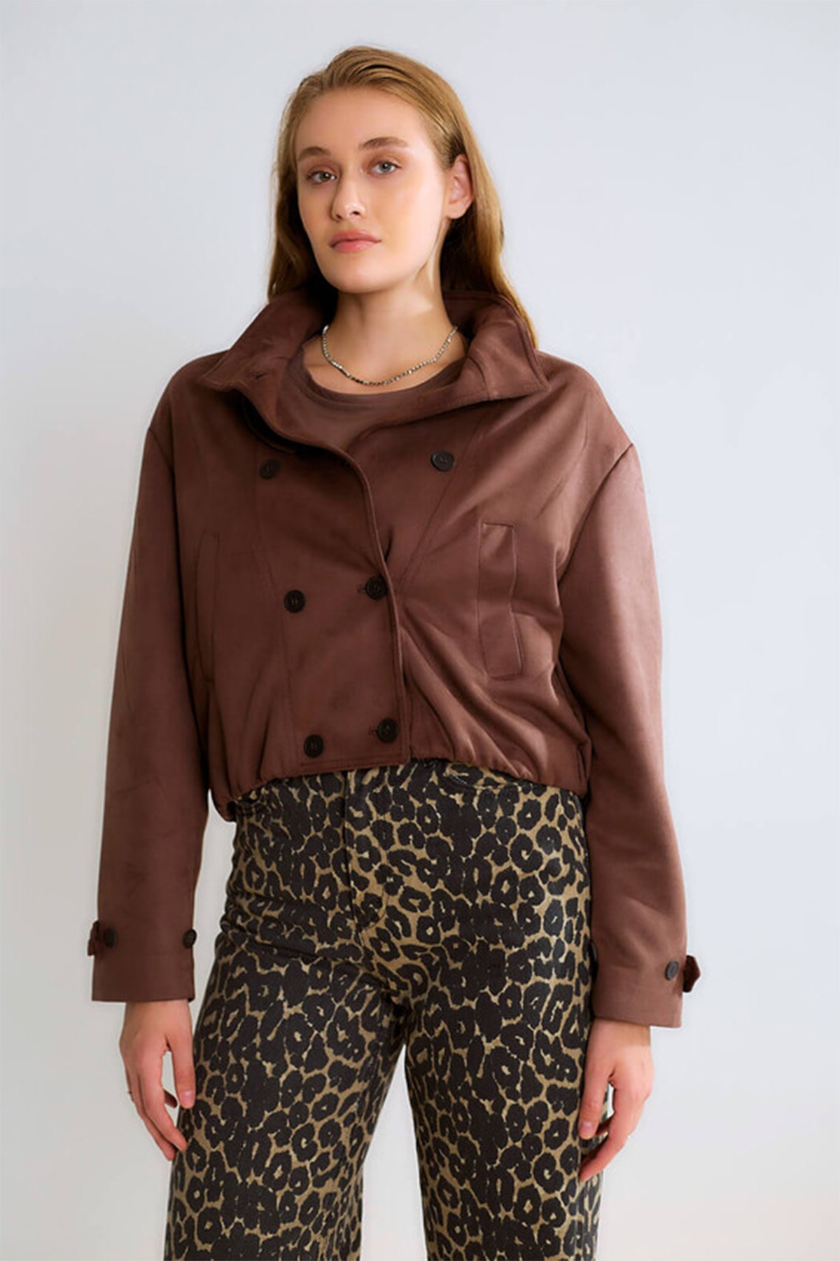 Premium Gabardin Düğmeli Astarlı Kadın Crop Mont