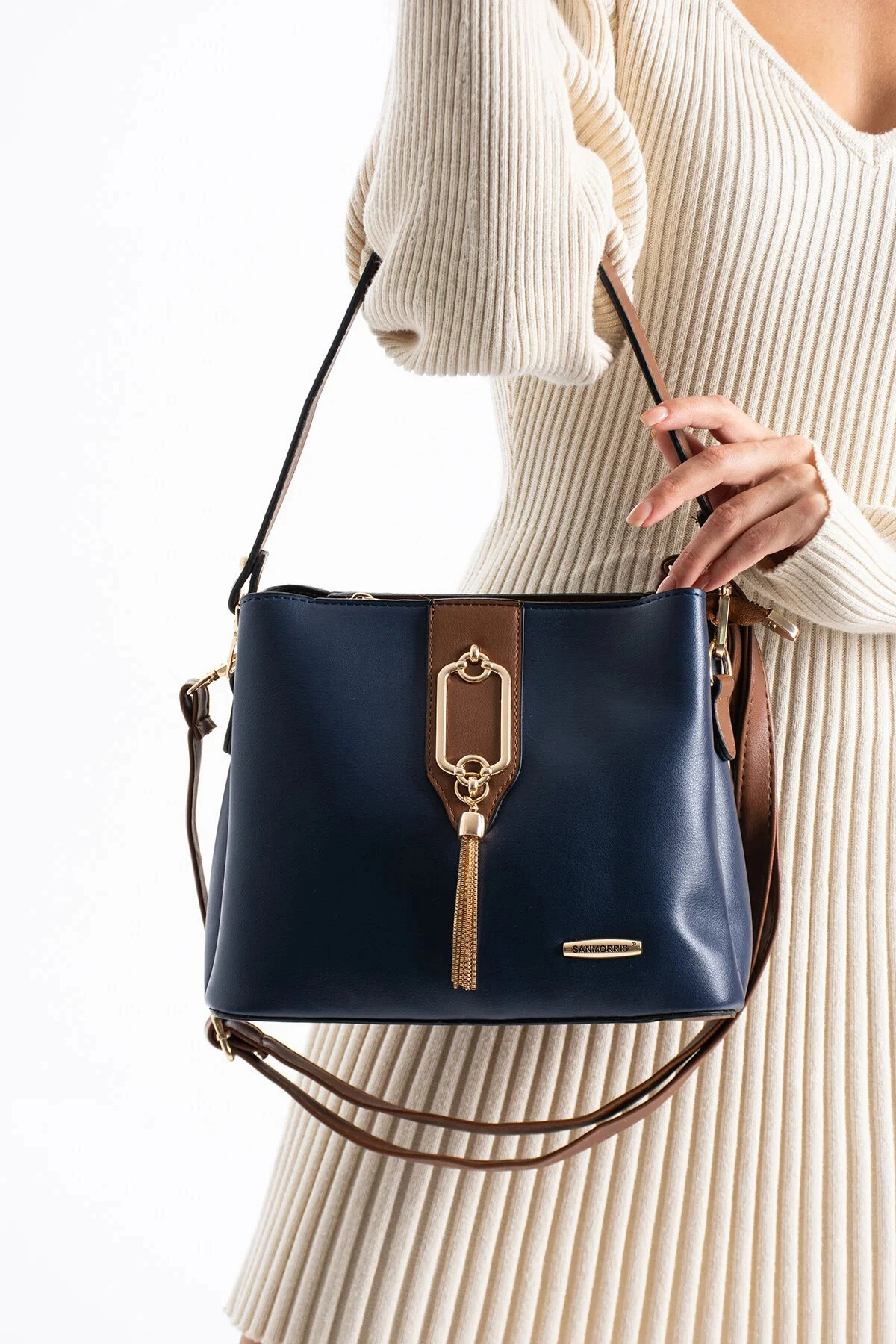 Gold Detaylı 3 Bölmeli Omuz ve Çapraz Kadın Çanta - Lacivert