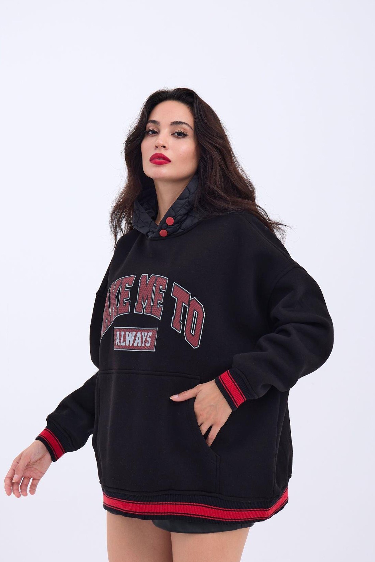 Kapüşonlu Kadın Hoodie Sweatshirt 3 İplik Şardonlu Kumaş Baskı Detaylı - Черный