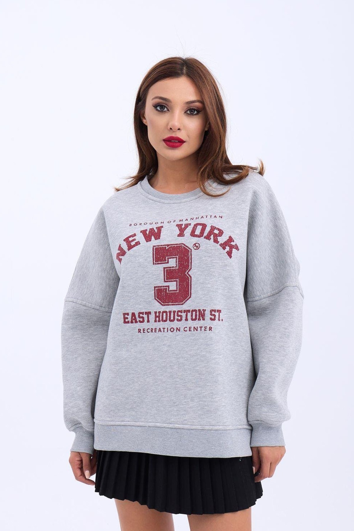 Kadın Sweatshirt Bisiklet Yaka New York Baskı Detaylı Şardonlu Kumaş - Серый