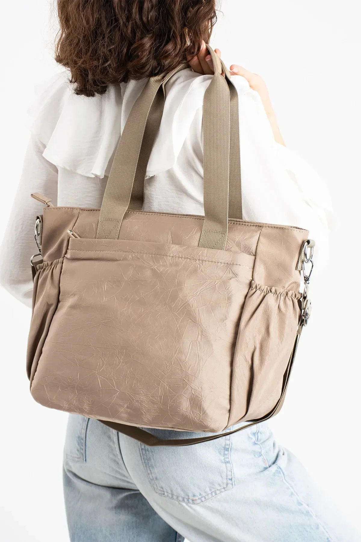 Büyük Boy 4 Bölmeli Suya Dayanıklı Çapraz ve Omuz Askılı Çanta - Bej