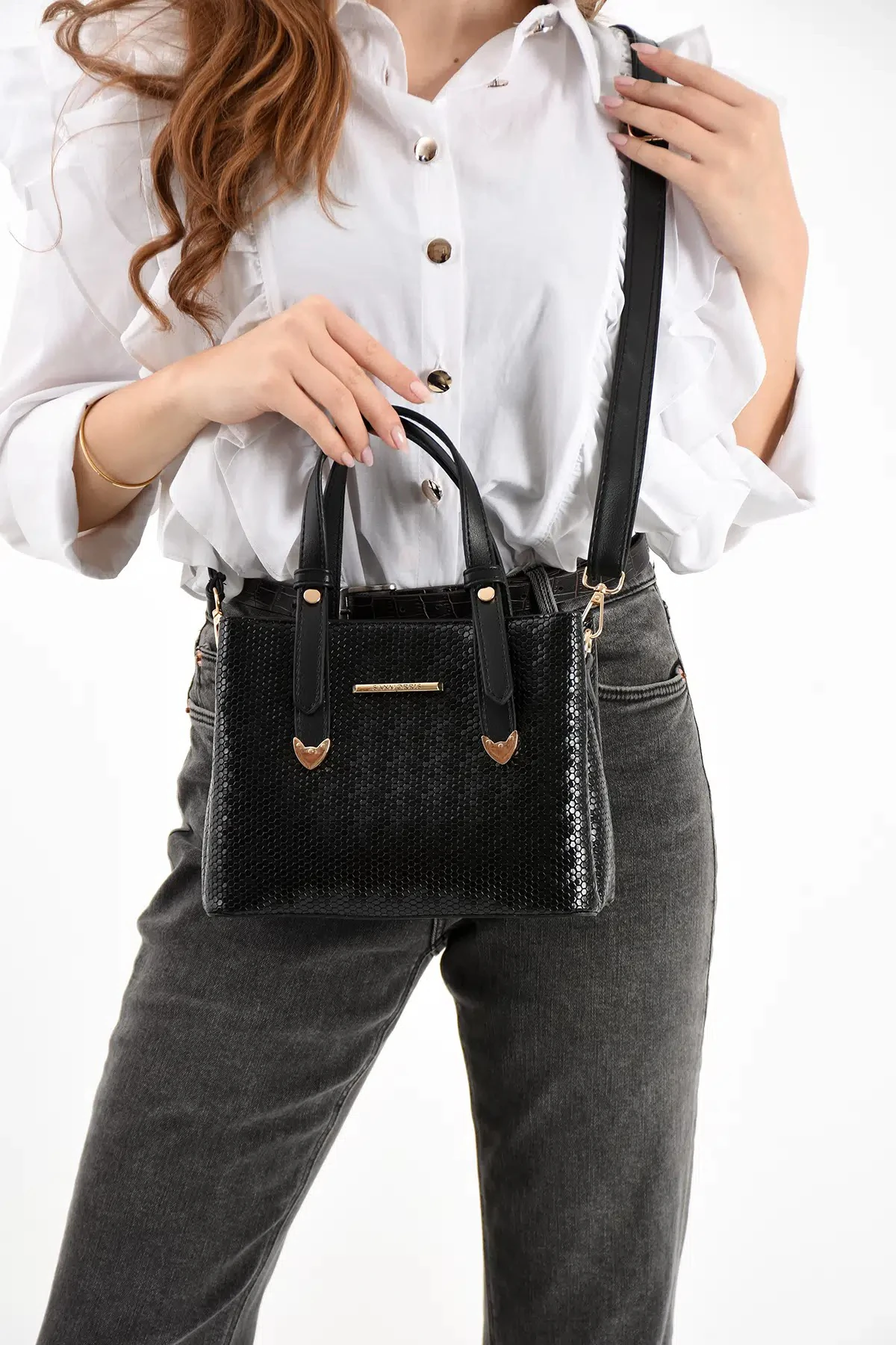 4 Bölmeli Gold Aksesuarlı Şık Kadın Omuz ve El Çantası - Siyah Damla