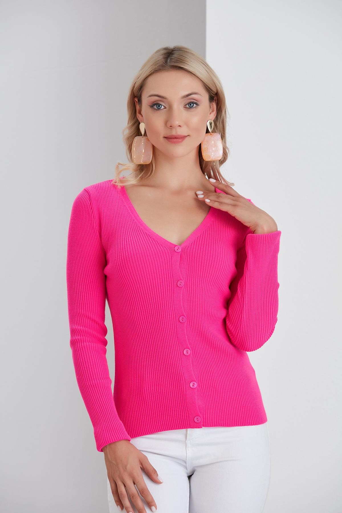 İnce Fitilli V Yaka Slim Fit Kadın Hırka - Fuşya