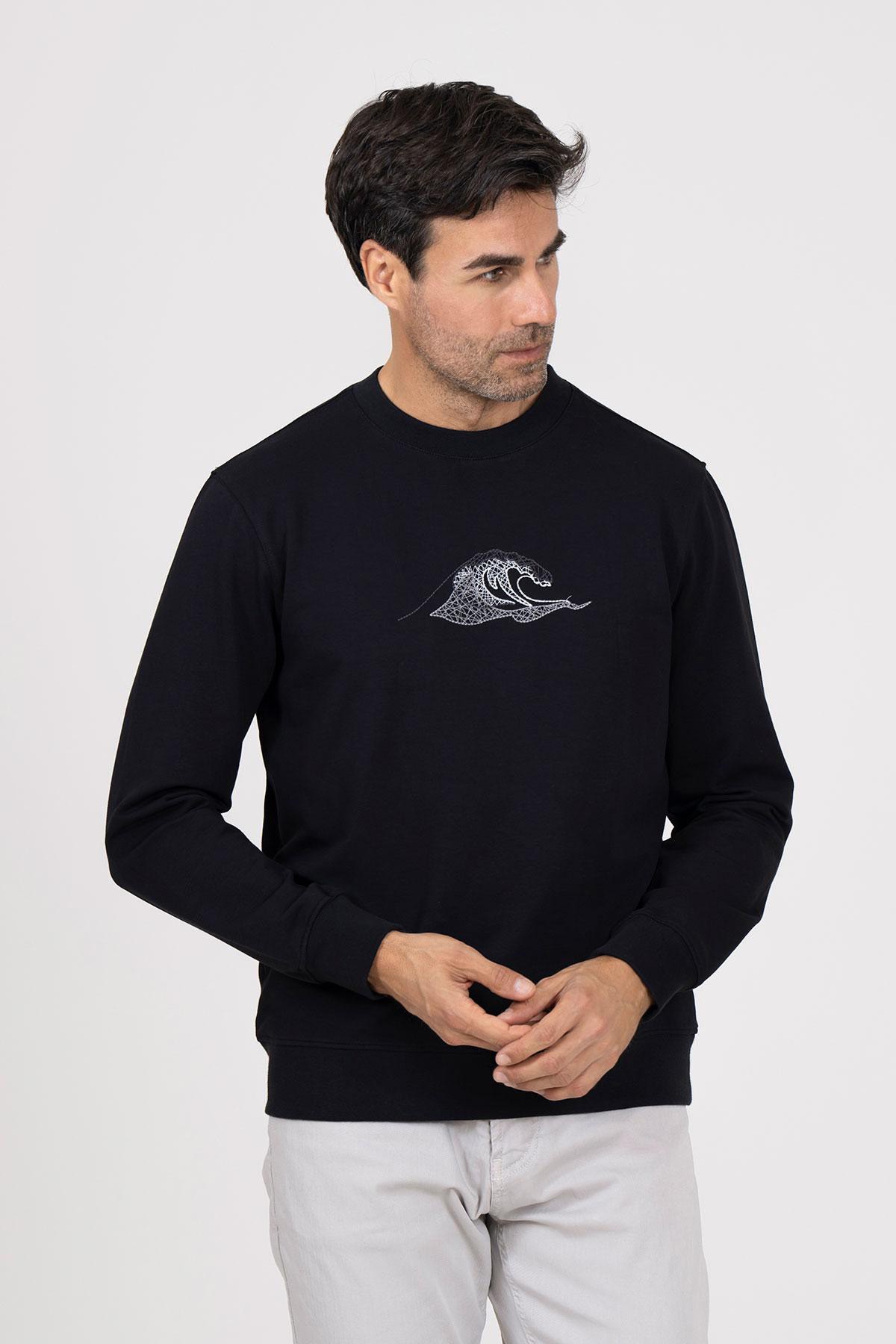 Wave Baskılı Bisiklet Yaka Pamuklu Erkek Sweatshirt - Siyah