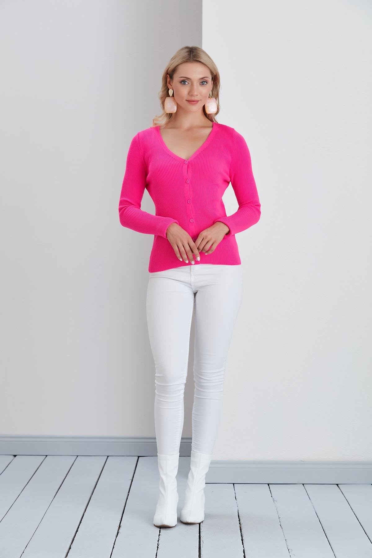 İnce Fitilli V Yaka Slim Fit Kadın Hırka - Fuşya