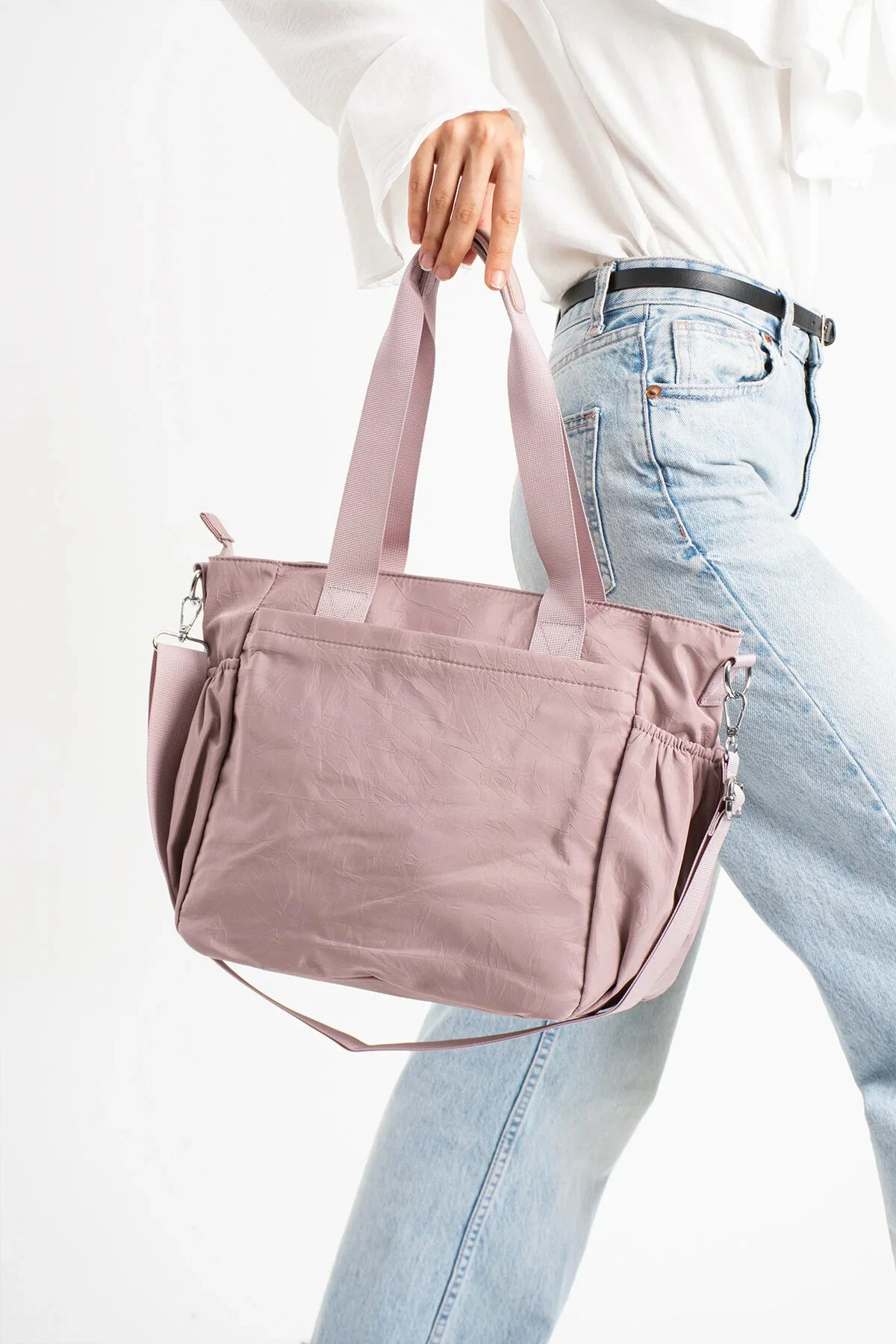 Büyük Boy 4 Bölmeli Suya Dayanıklı Çapraz ve Omuz Askılı Çanta - Pudra
