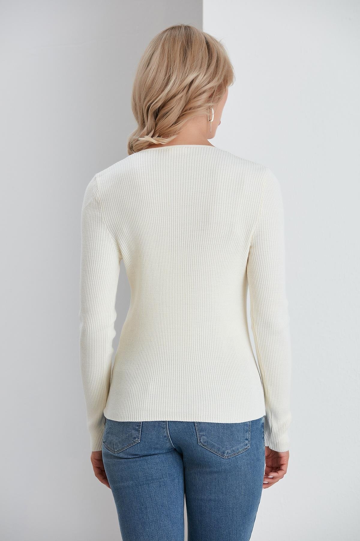 İnce Fitilli V Yaka Slim Fit Kadın Hırka - Beyaz