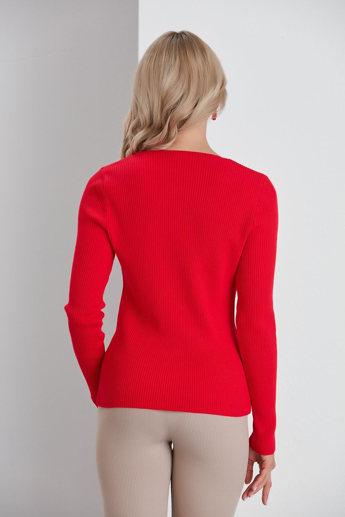 İnce Fitilli V Yaka Slim Fit Kadın Hırka - Kırmızı
