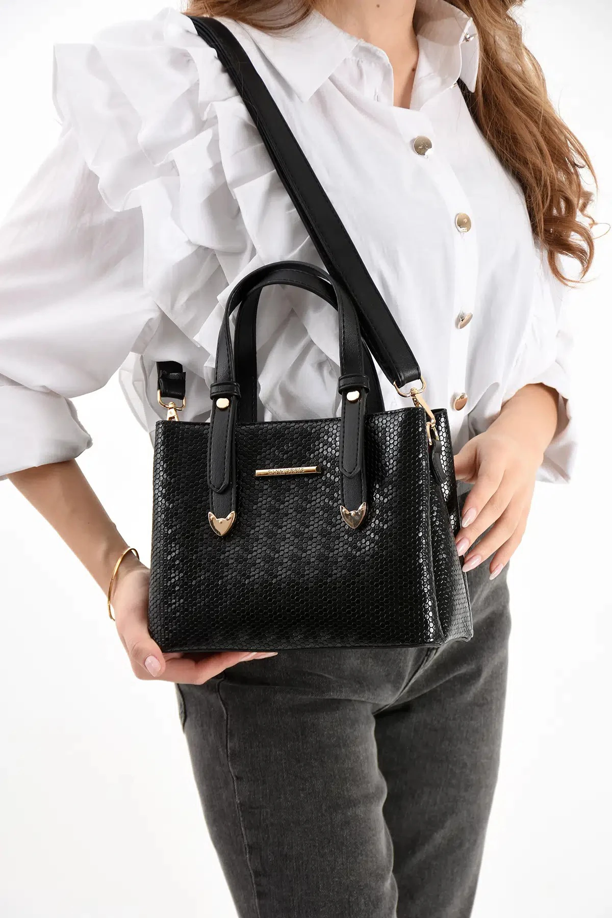 4 Bölmeli Gold Aksesuarlı Şık Kadın Omuz ve El Çantası - Siyah Damla