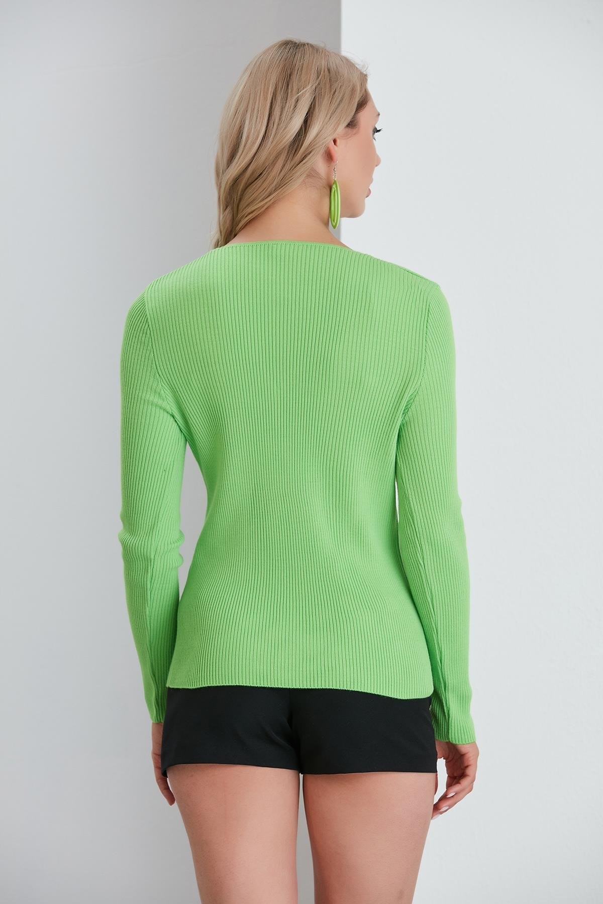 İnce Fitilli V Yaka Slim Fit Kadın Hırka - Yeşil