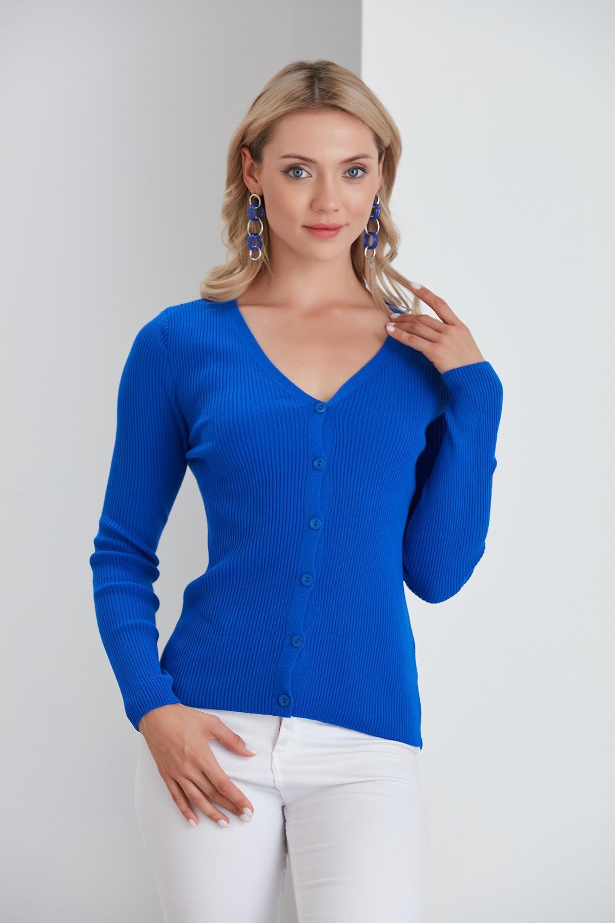 İnce Fitilli V Yaka Slim Fit Kadın Hırka - Sax Mavi