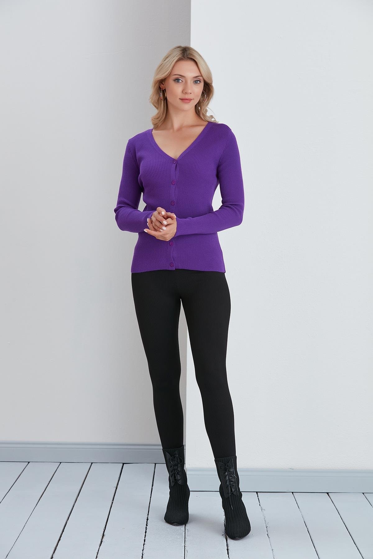 İnce Fitilli V Yaka Slim Fit Kadın Hırka - Mor