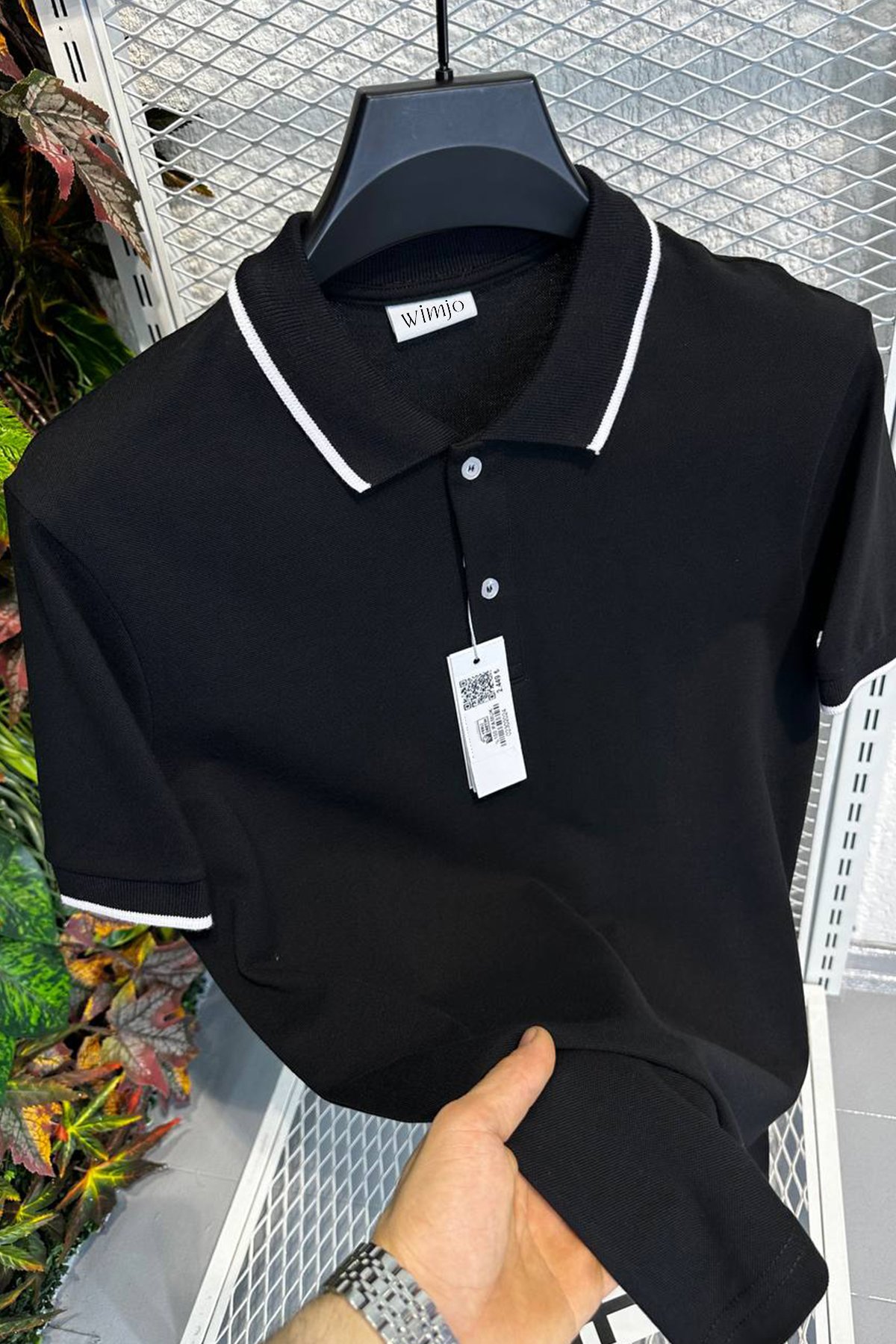 Erkek Polo Yaka Tişört Slim Fit Kontrast Uç Detaylı - Черный