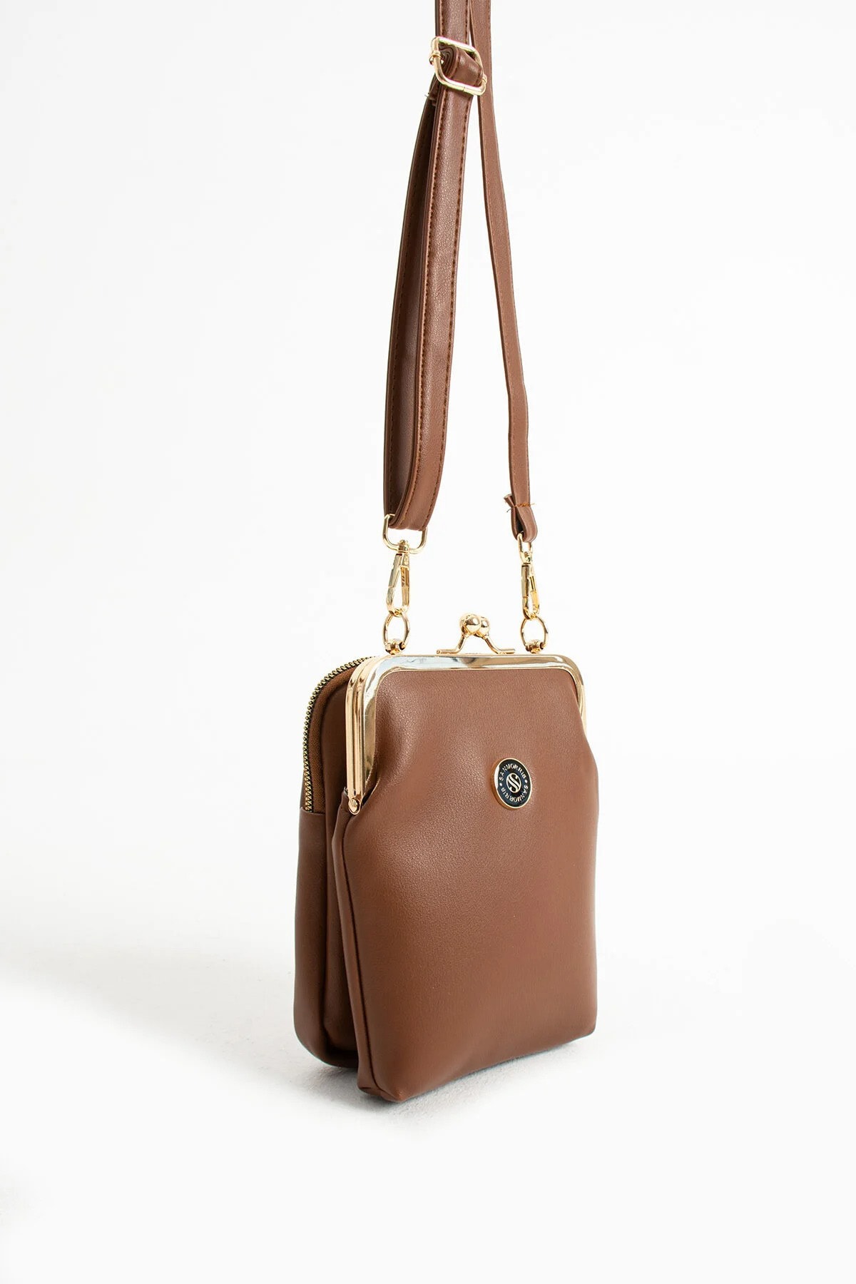 Gold Aksesuarlı Çapraz Askılı Suni Deri Omuz ve Çapraz Çanta - Taba Mat