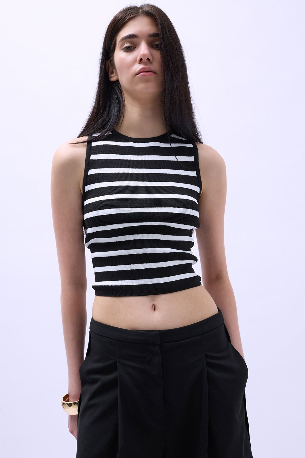 Halter Yaka Yatay Çizgili Crop