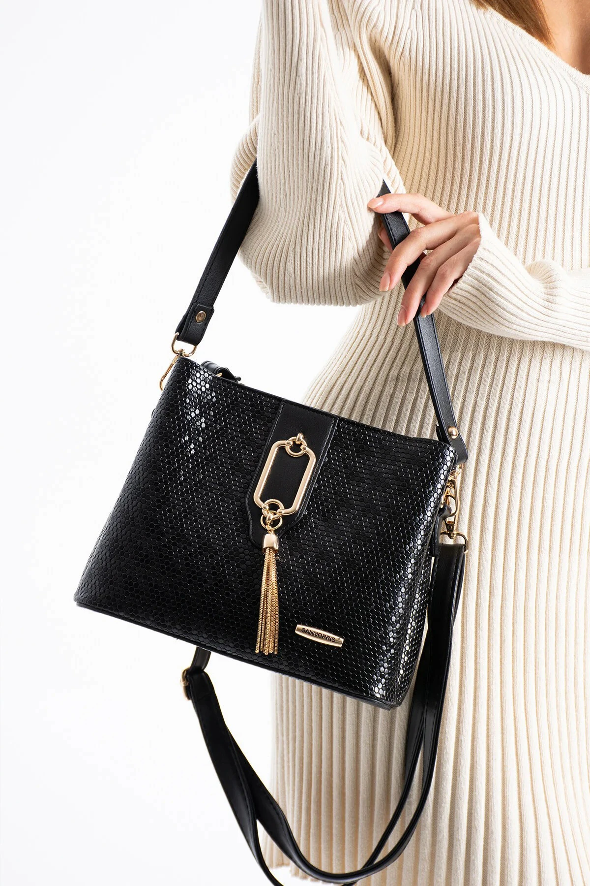 Gold Detaylı 3 Bölmeli Omuz ve Çapraz Kadın Çanta - Siyah Damla