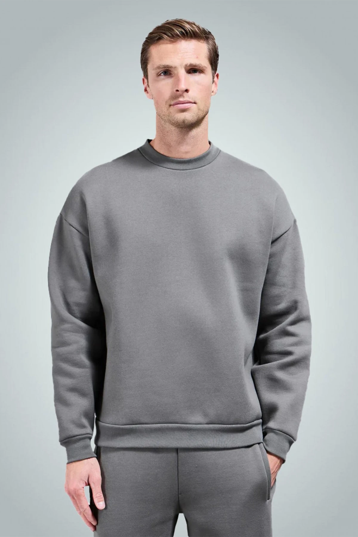 Erkek Bisiklet Yaka Düz Sweatshirt - Серый