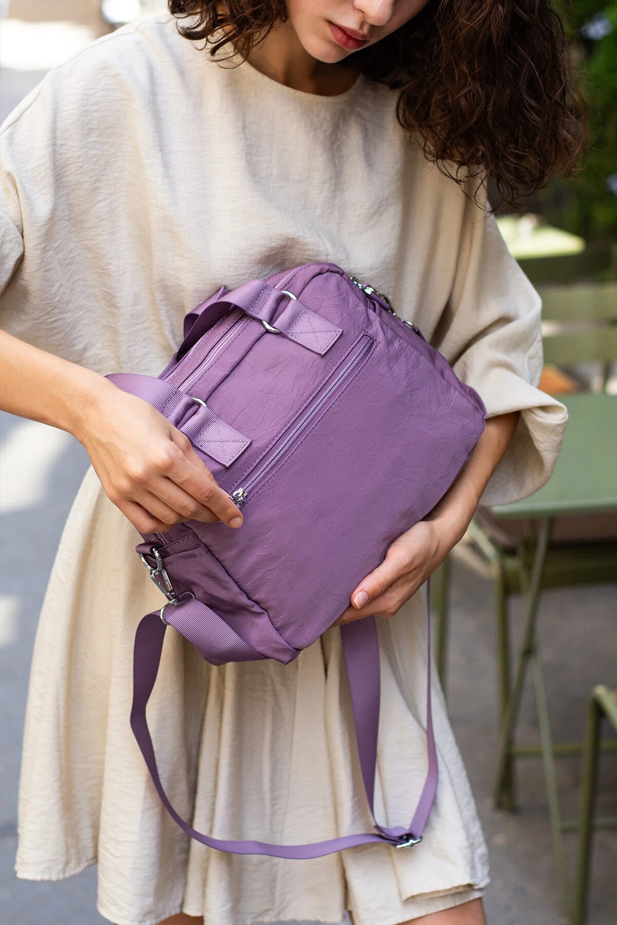 Paraşüt Kumaş 4 Bölmeli Çapraz Askılı El ve Omuz Çantası - Mor