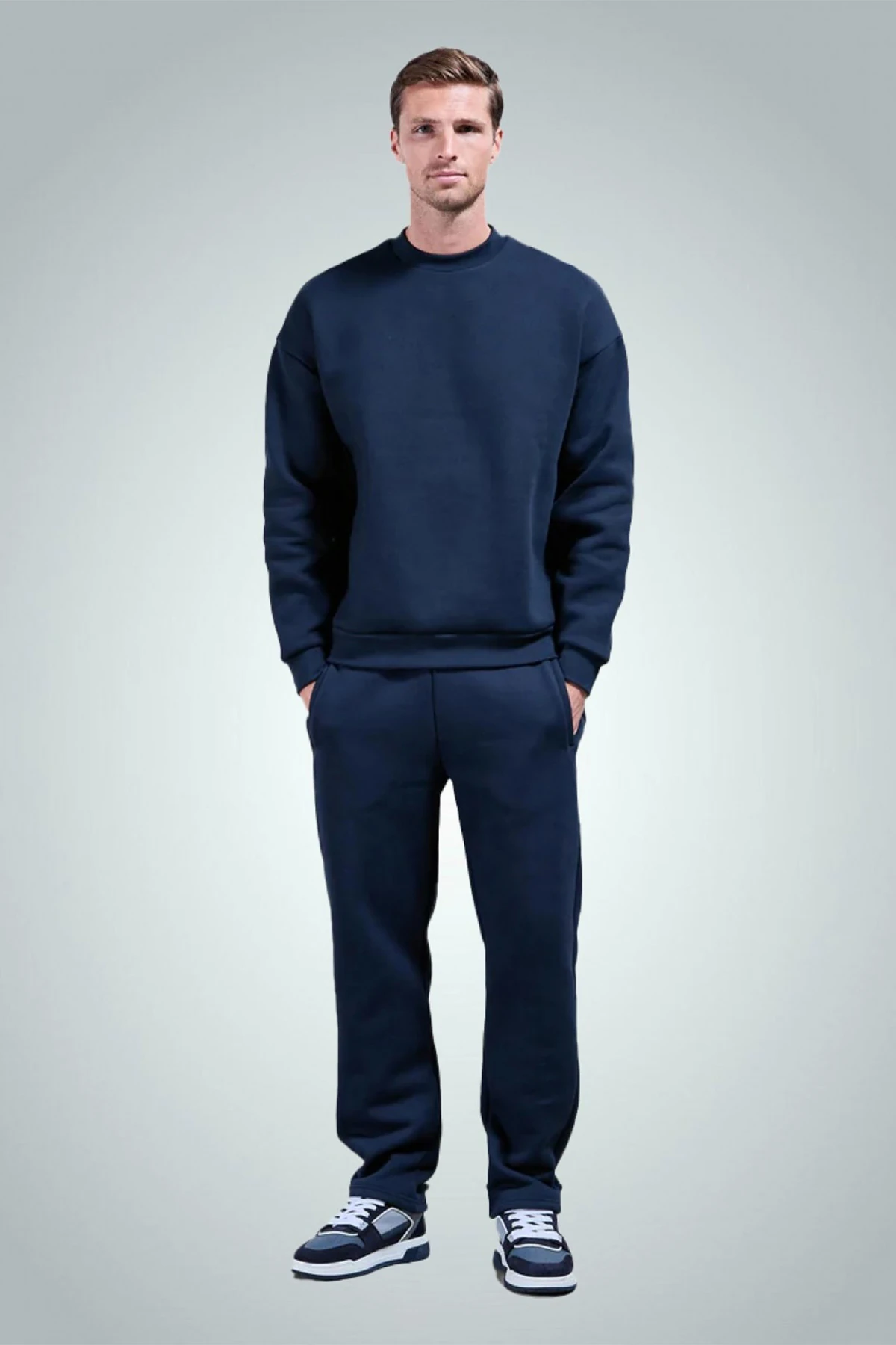 Erkek Bisiklet Yaka Düz Sweatshirt - темно-синий