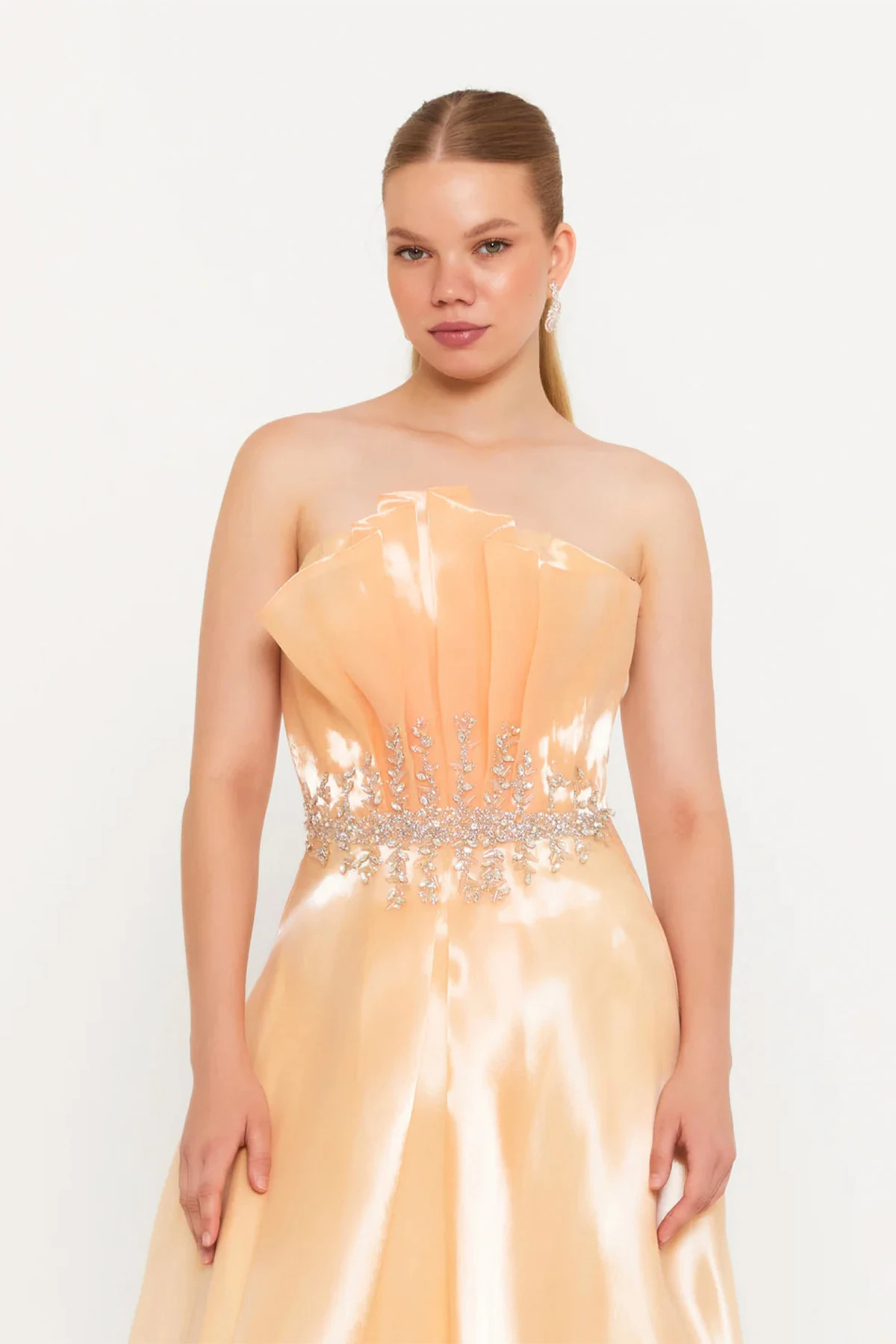 Straplez Uzun Tül A Kesim Abiye Balo Elbisesi - Safran