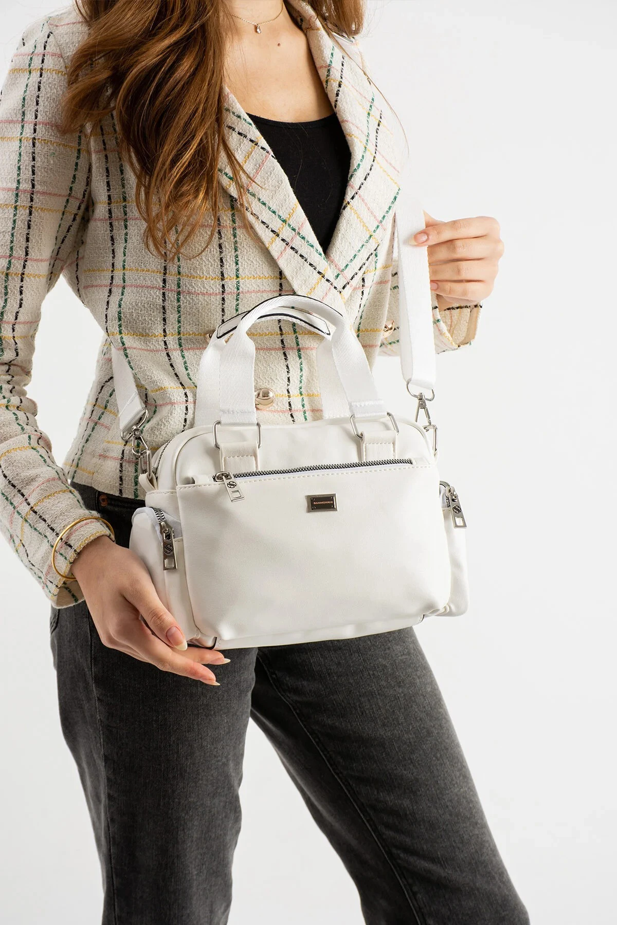 Çok Gözlü Ayarlanabilir Çapraz Askılı Kadın El ve Omuz Çantası - Beyaz