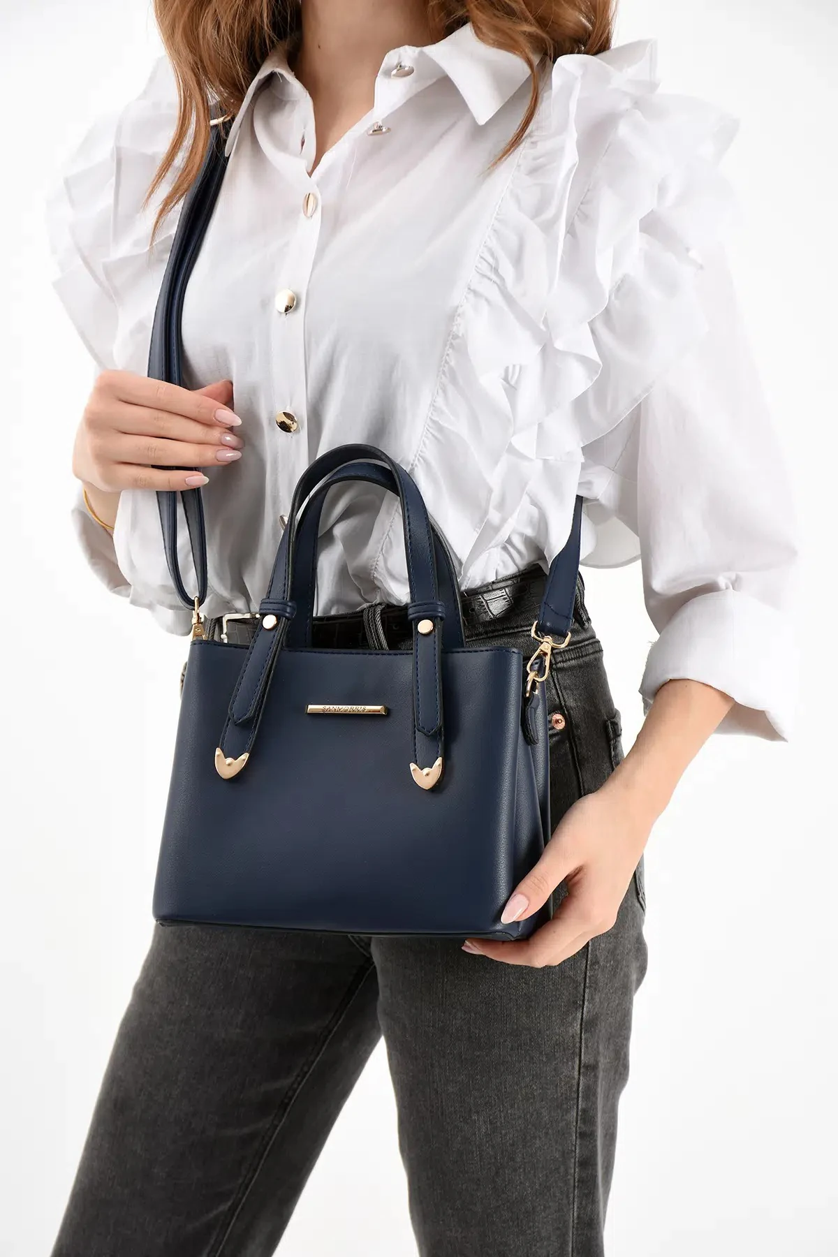 4 Bölmeli Gold Aksesuarlı Şık Kadın Omuz ve El Çantası - Lacivert