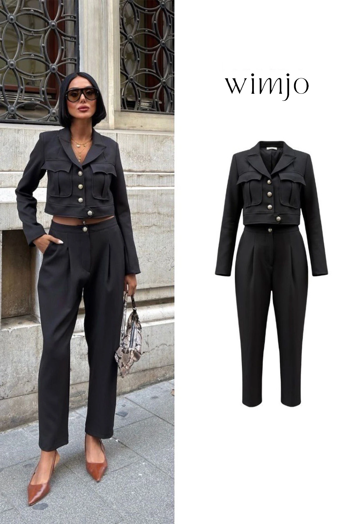 Crop Ceket ve Vintage Düğmeli Premium Kadın Takım