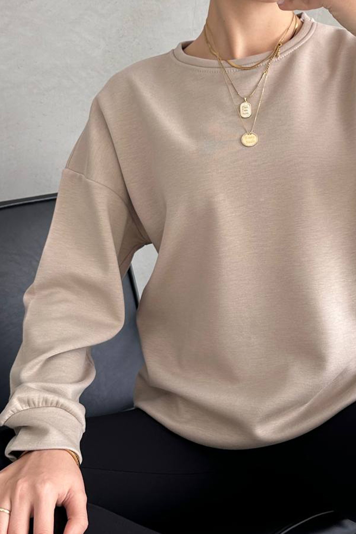 Kadın Sweatshirt İçi Polarlı Bisiklet Yaka Modal Kumaş Basic Sweat - Бежевый