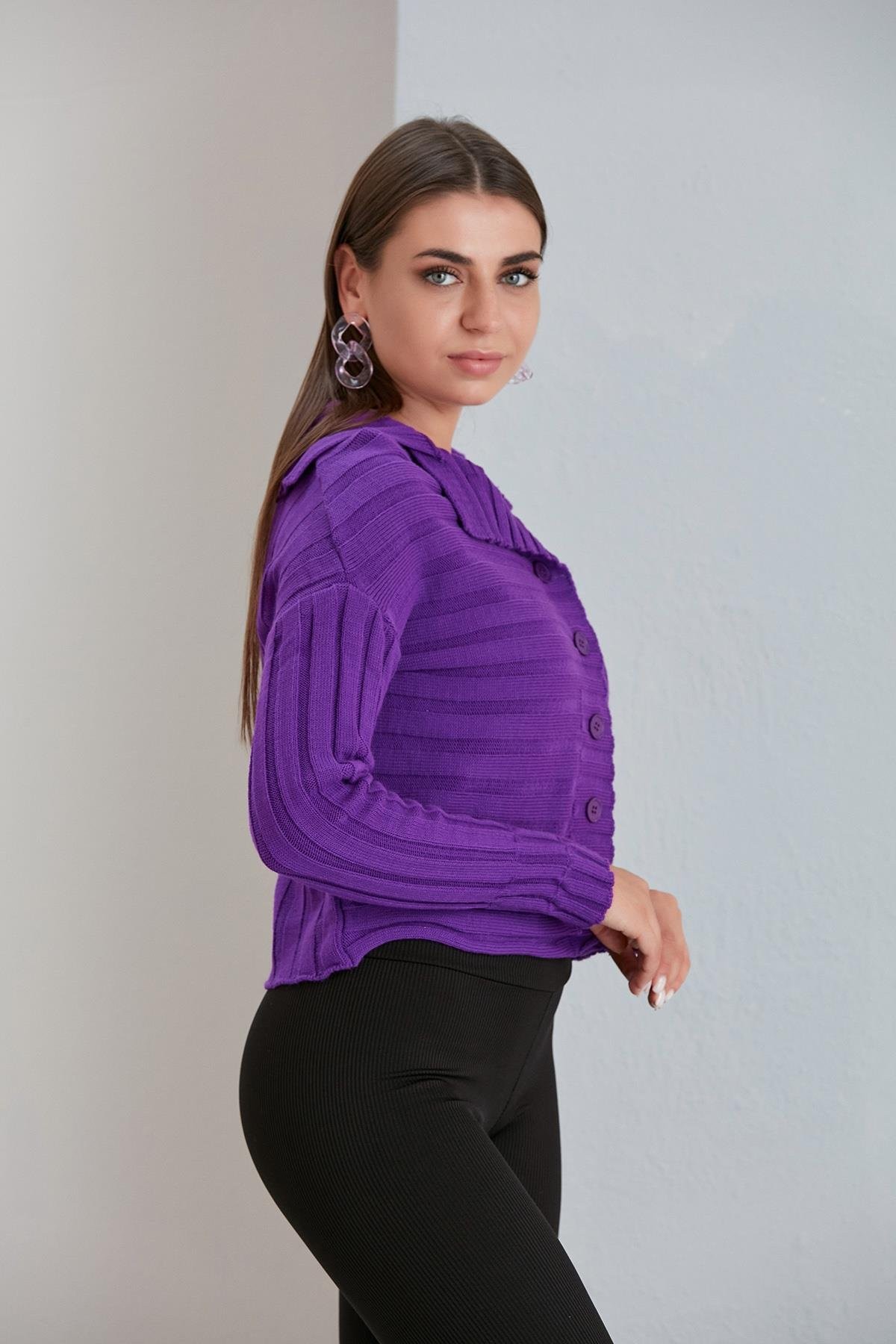 Kalın Fitilli Geniş Yaka Slim Fit Kısa Kadın Hırka - Mor