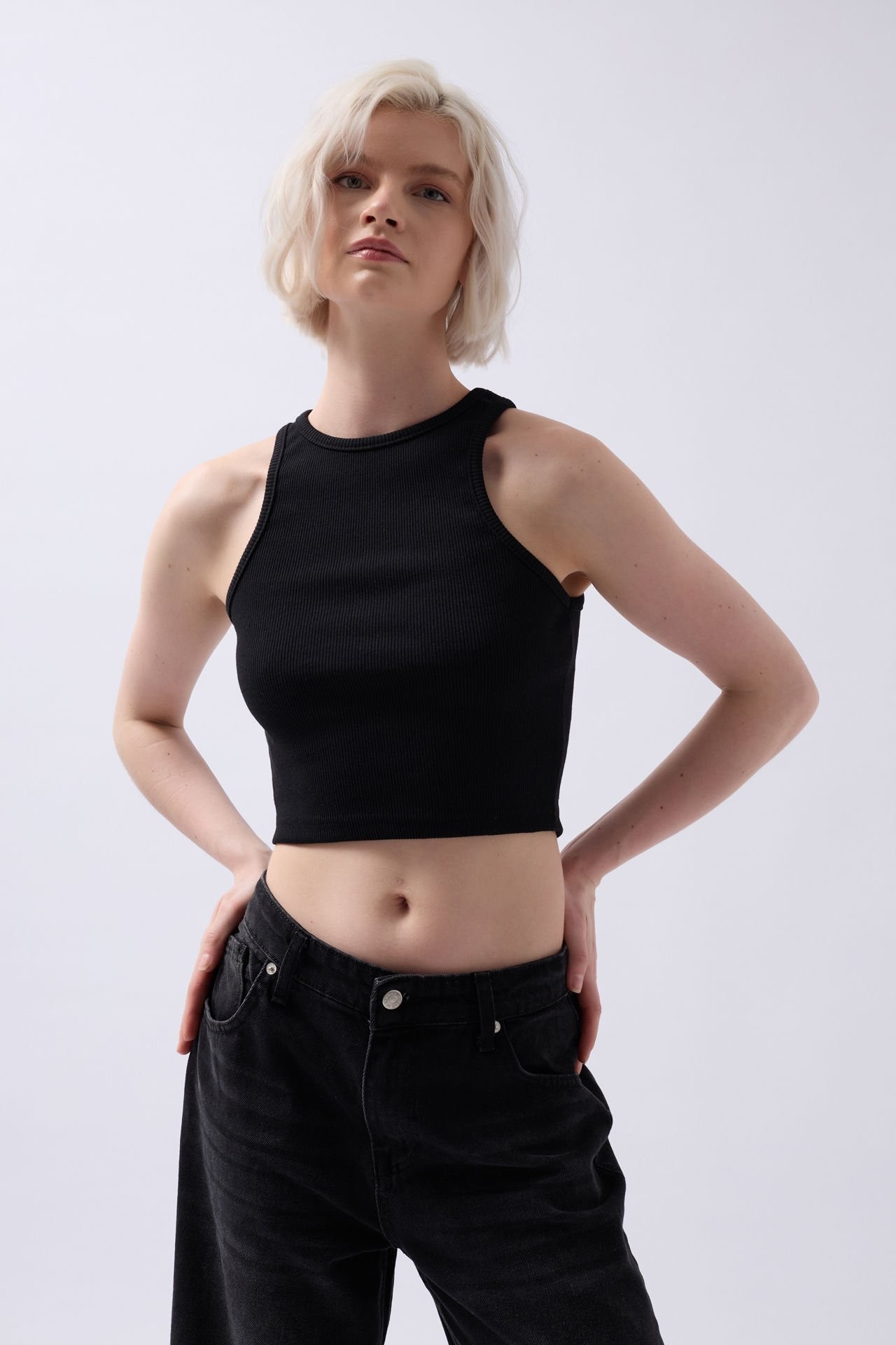 Halter Yaka Pamuklu Esnek Kumaş Crop Bluz - Черный