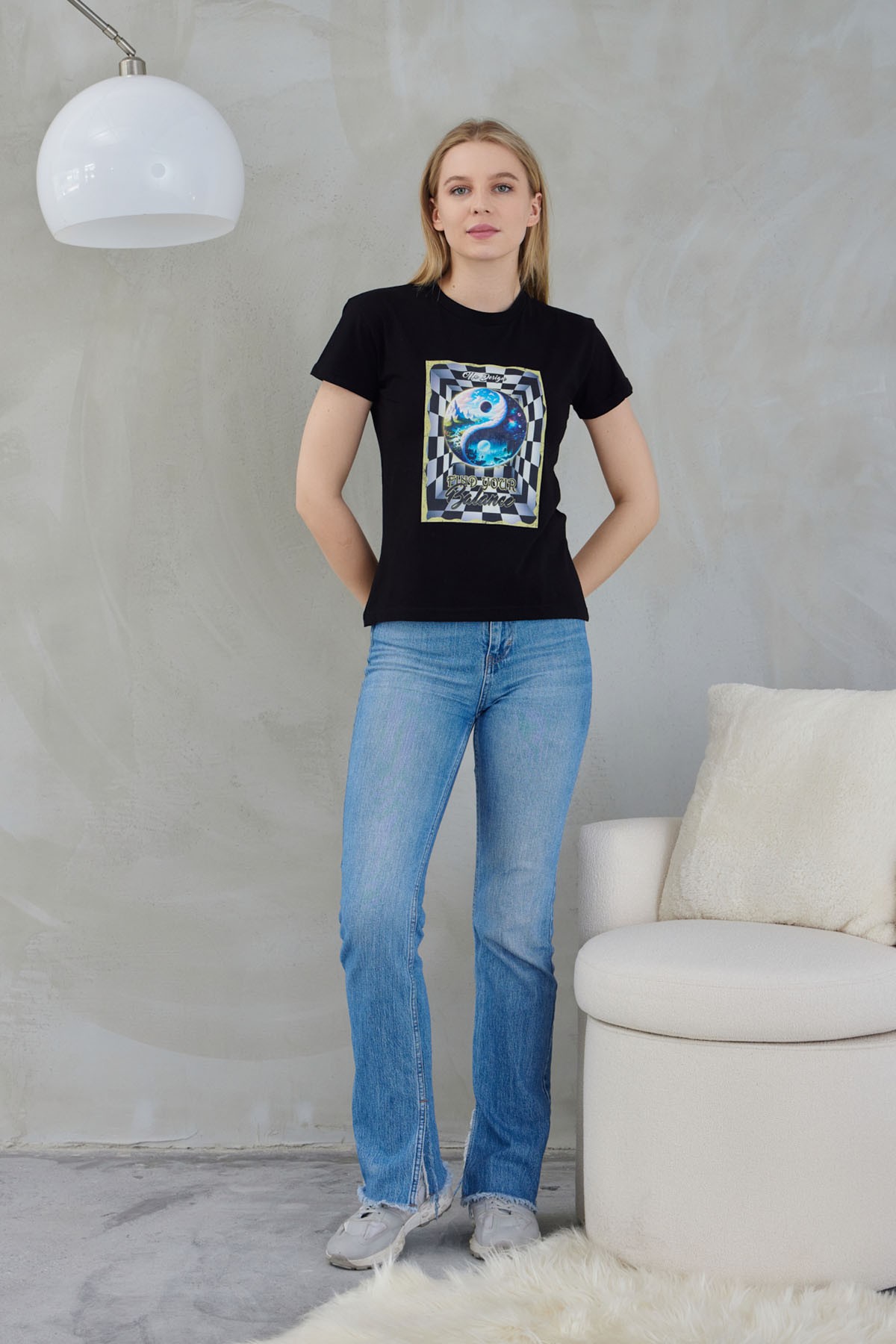 Kadın T-Shirt Yin Yang Find Your Balance Baskılı - Siyah