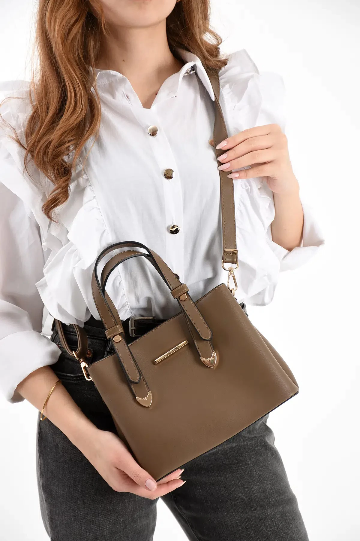 4 Bölmeli Gold Aksesuarlı Şık Kadın Omuz ve El Çantası - Vizon