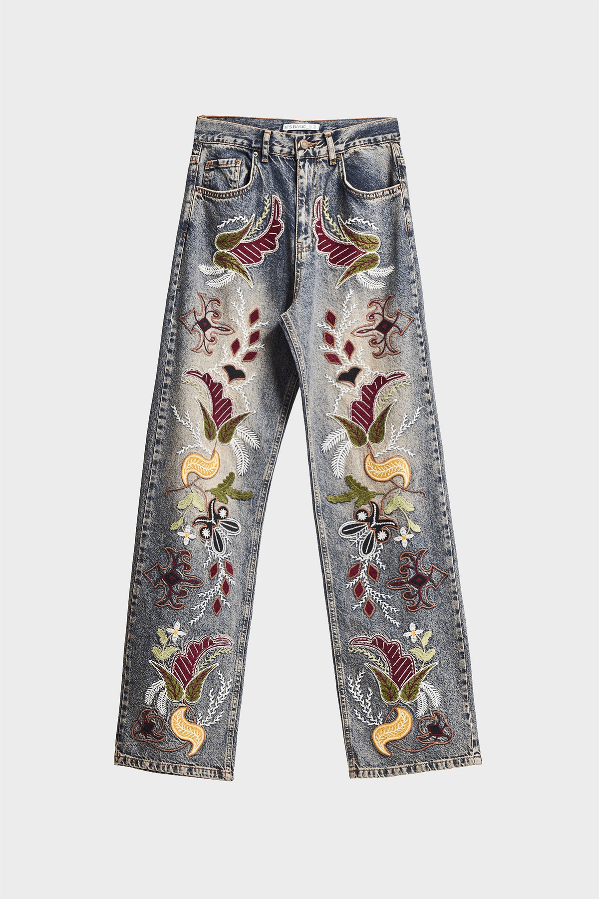 Egzotik Çiçek Nakışlı Özel Tasarım Denim Jean