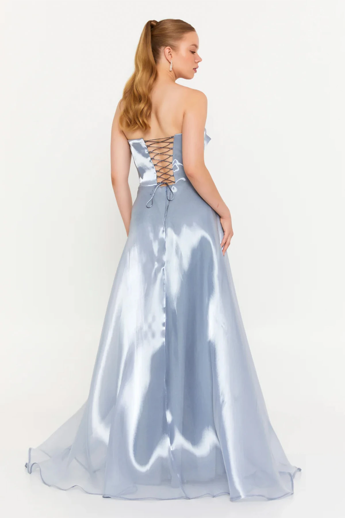 Straplez Uzun Tül A Kesim Abiye Balo Elbisesi - Duman