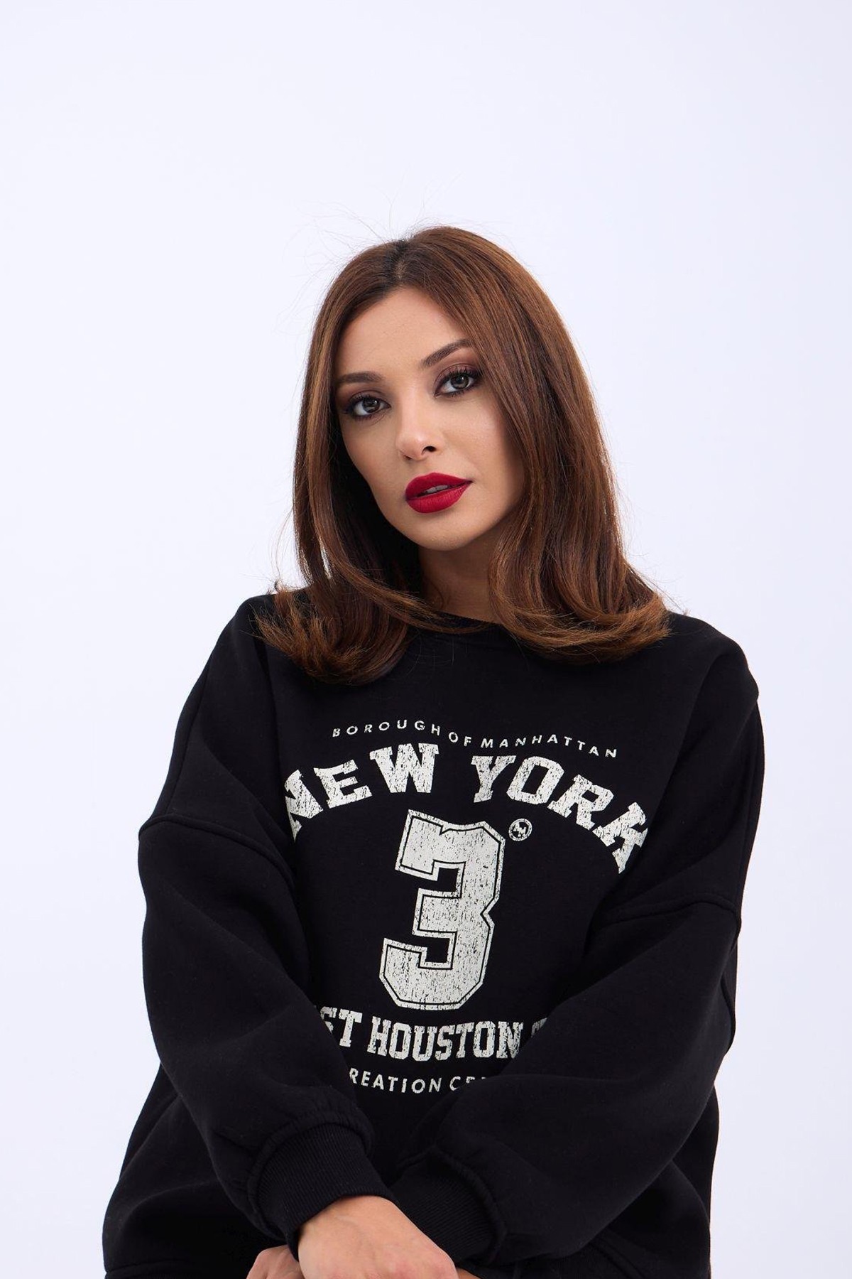 Kadın Sweatshirt Bisiklet Yaka New York Baskı Detaylı Şardonlu Kumaş - Черный