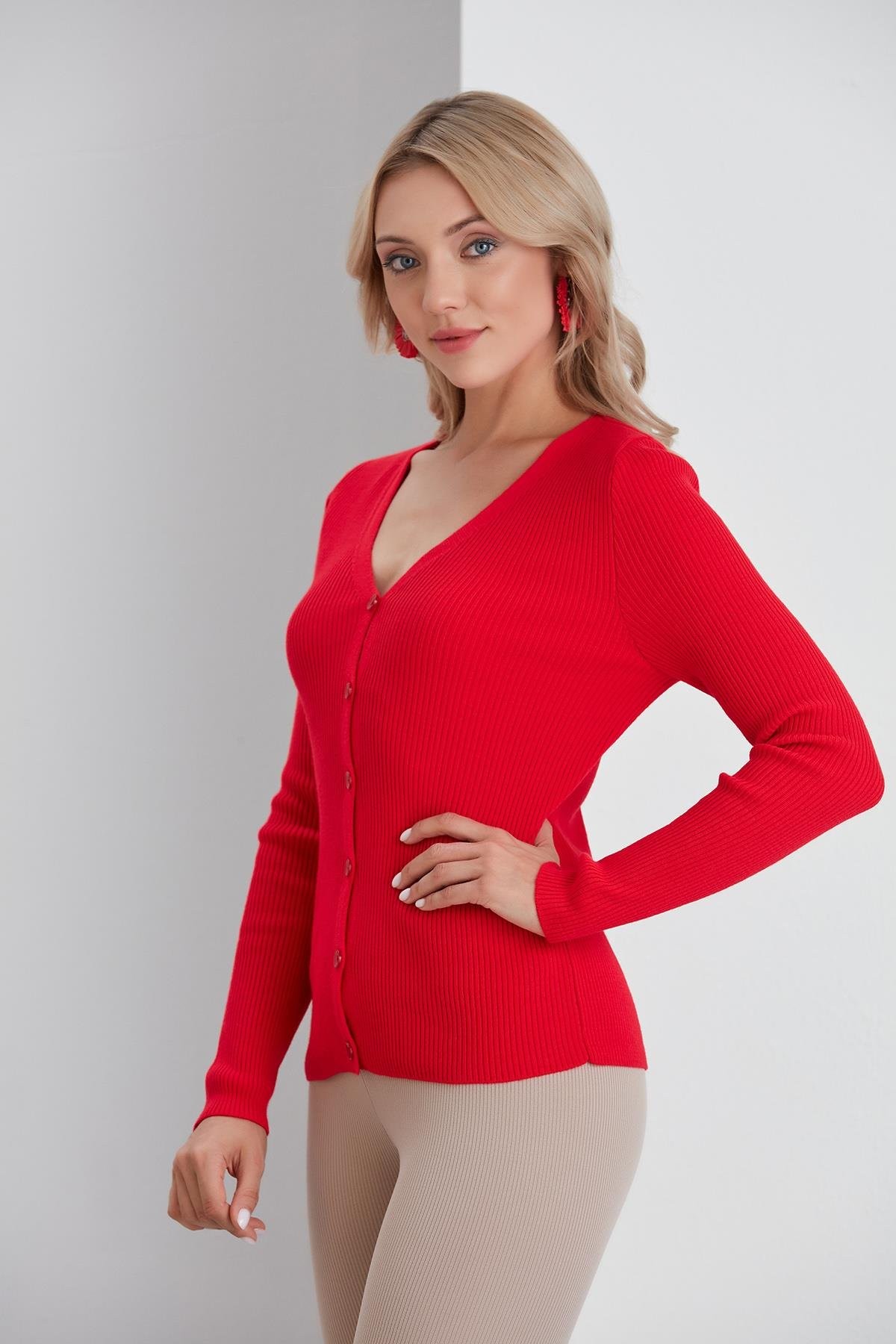 İnce Fitilli V Yaka Slim Fit Kadın Hırka - Kırmızı