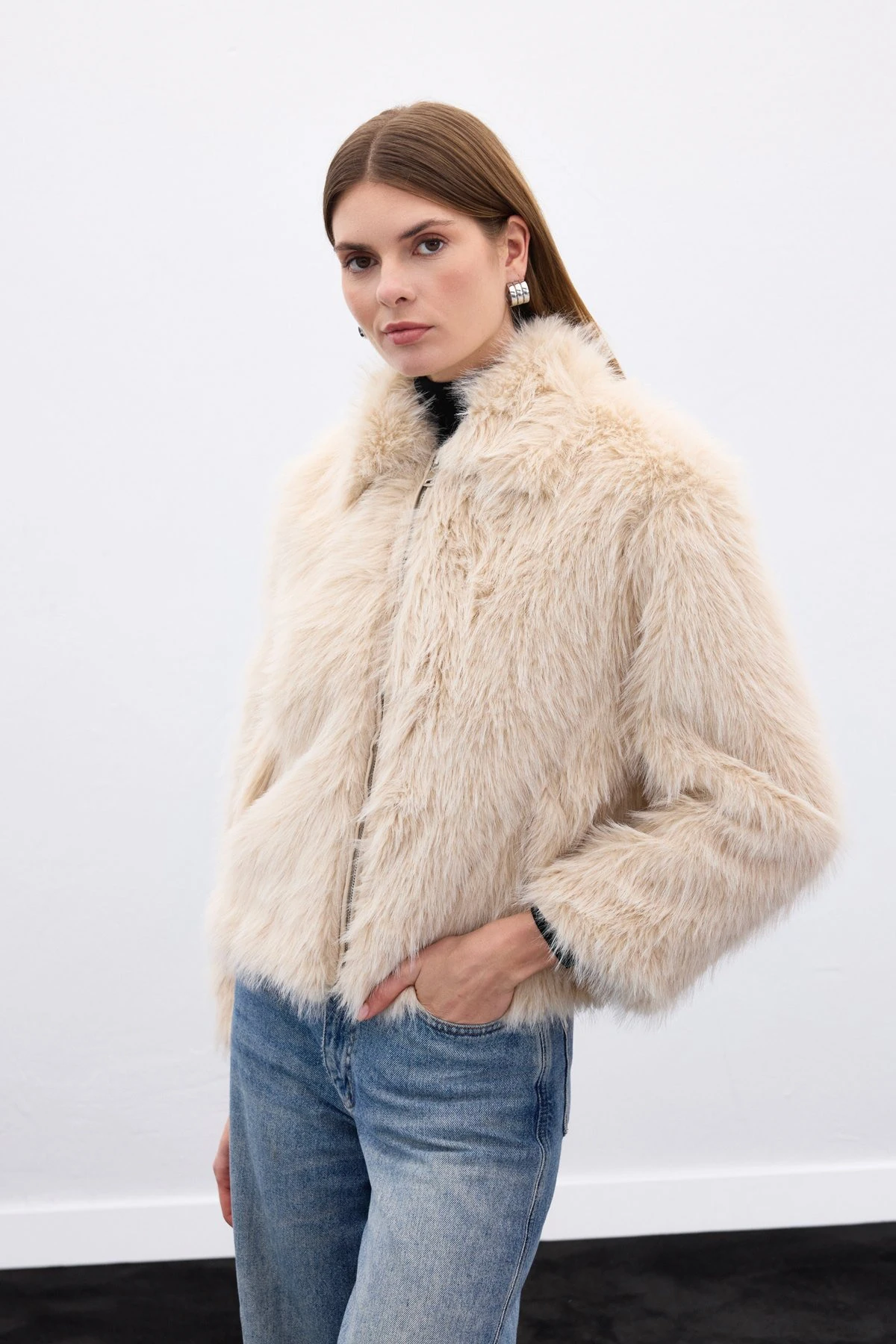 Tüylü Fermuarlı Kadın Kürk - Бежевый