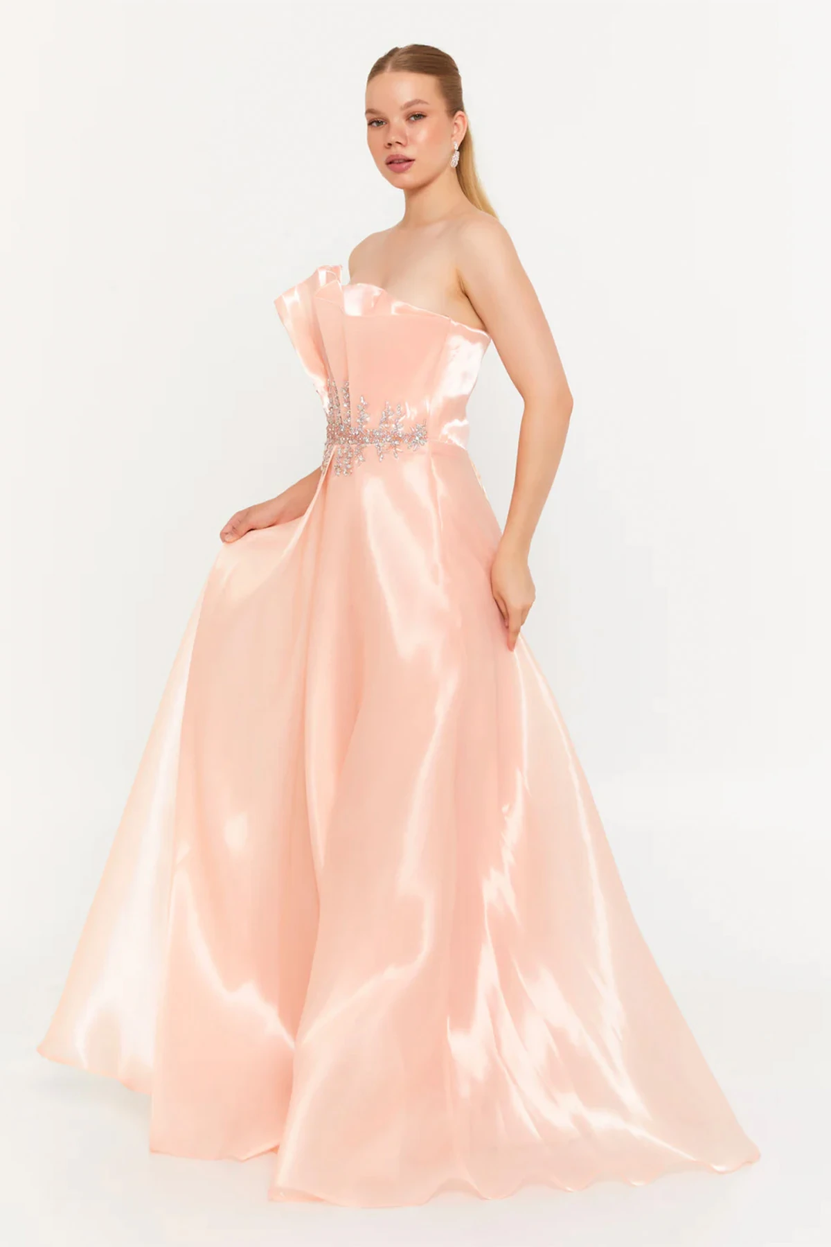 Straplez Uzun Tül A Kesim Abiye Balo Elbisesi - Somon