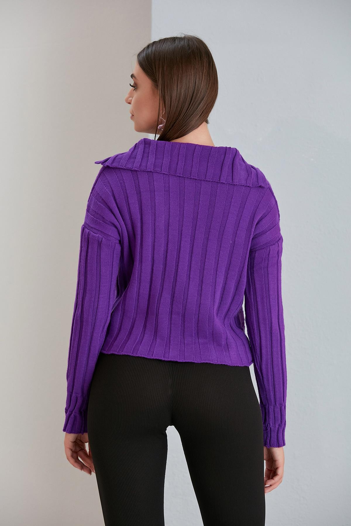 Kalın Fitilli Geniş Yaka Slim Fit Kısa Kadın Hırka - Mor