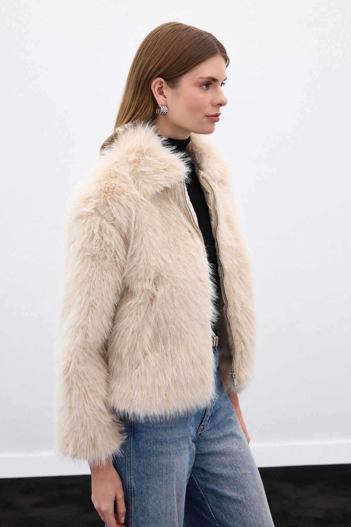 Tüylü Fermuarlı Kadın Kürk - Бежевый
