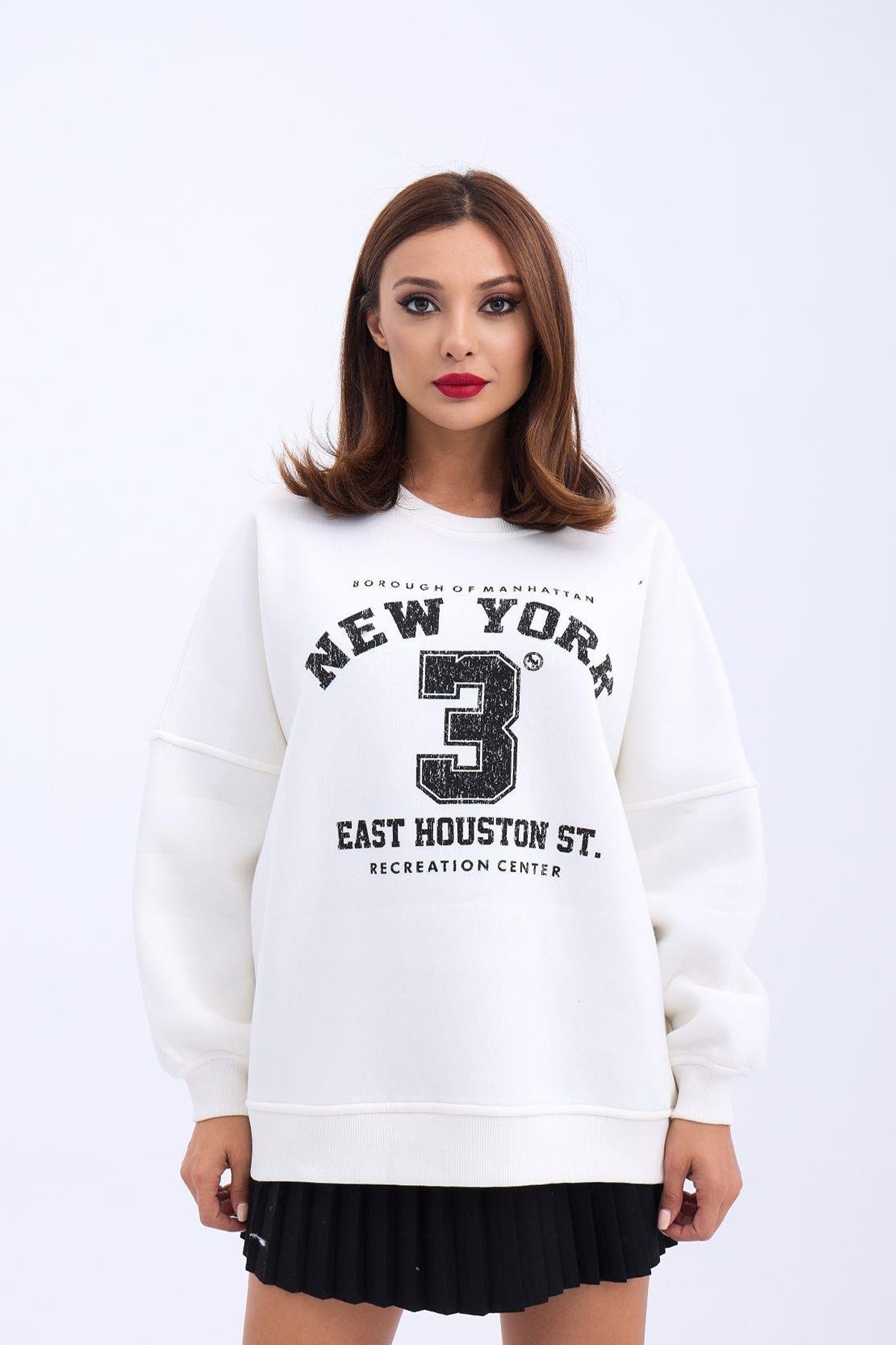 Kadın Sweatshirt Bisiklet Yaka New York Baskı Detaylı Şardonlu Kumaş - экрю