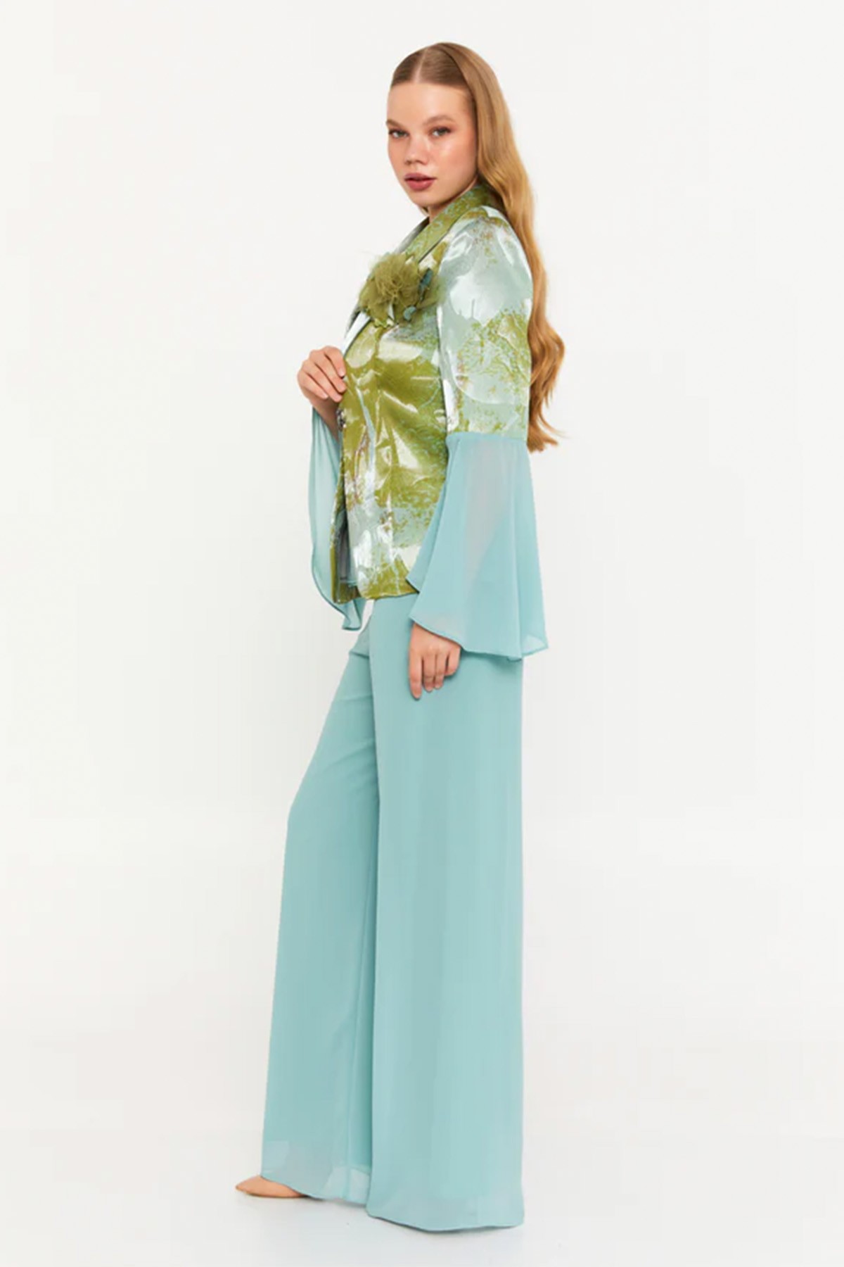 Uzun Kollu Polyester Üç Parçalı Kıyafet - Nil Yeşili-Haki