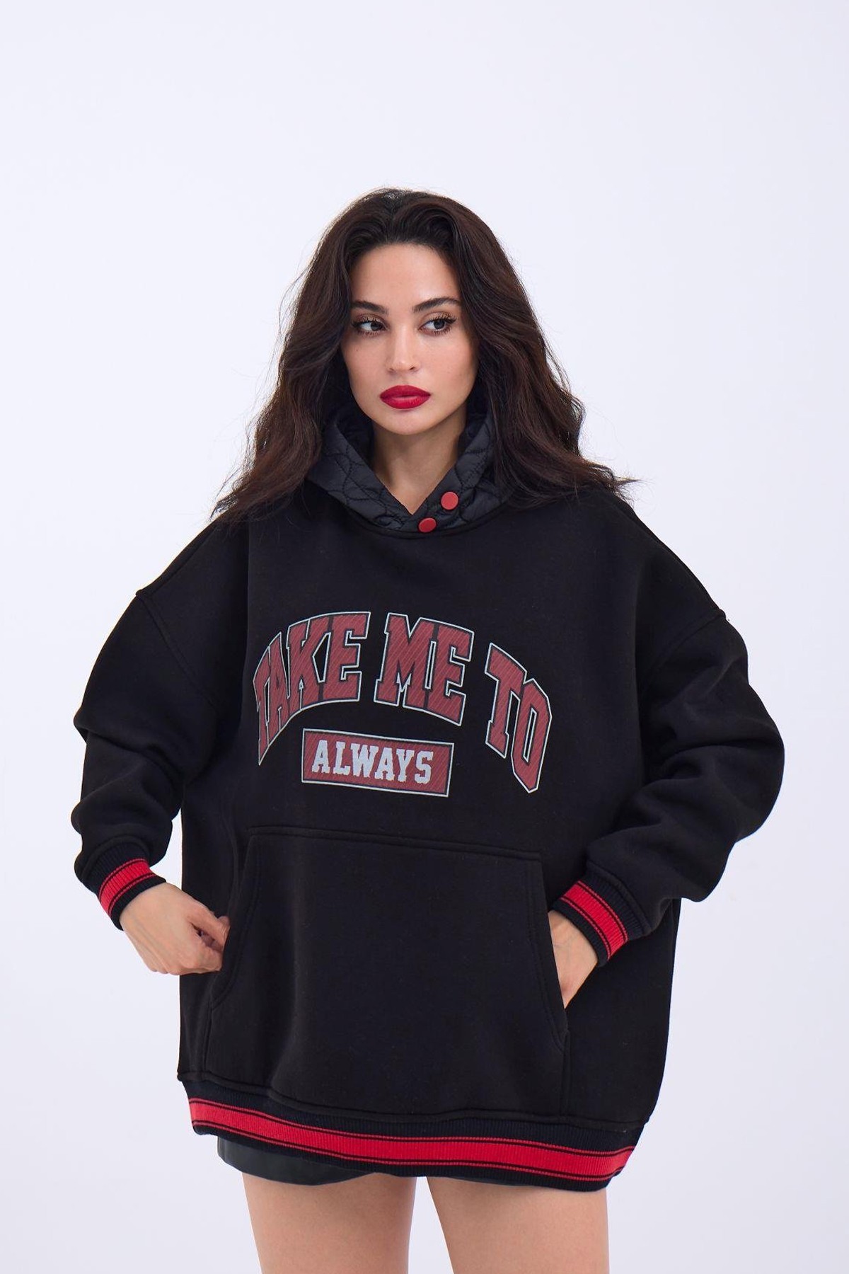 Kapüşonlu Kadın Hoodie Sweatshirt 3 İplik Şardonlu Kumaş Baskı Detaylı