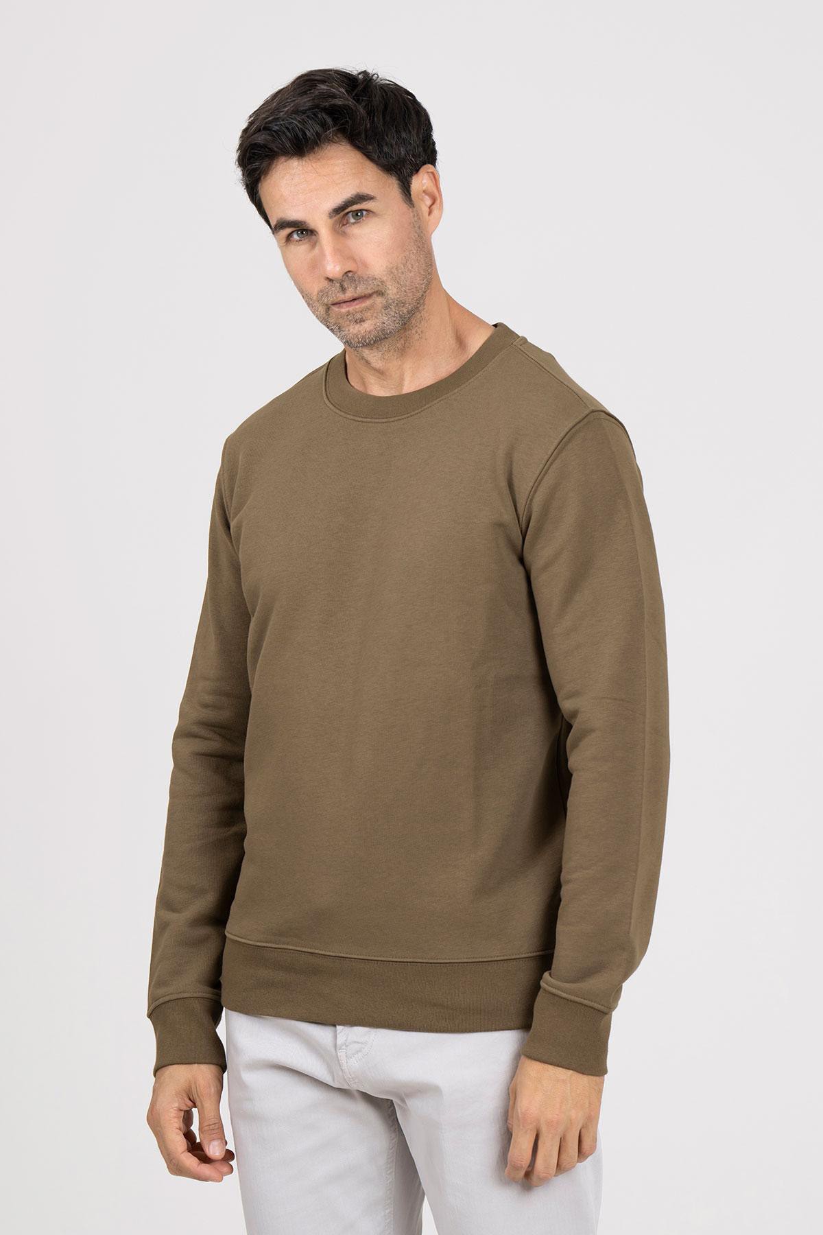 Bisiklet Yaka Pamuklu Regular Erkek Sweatshirt - Haki