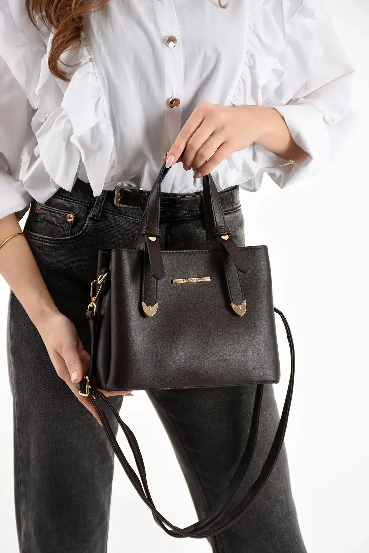 4 Bölmeli Gold Aksesuarlı Şık Kadın Omuz ve El Çantası - Koyu Kahverengi