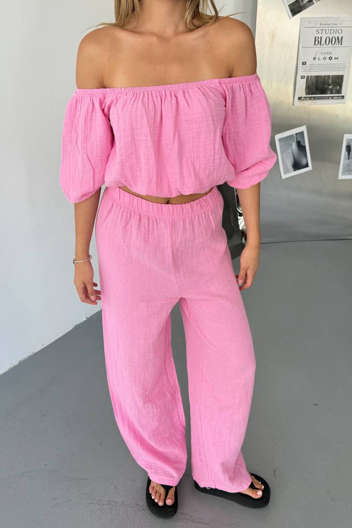 Müslin Kumaş Madonna Yaka İkili Takım - Pembe
