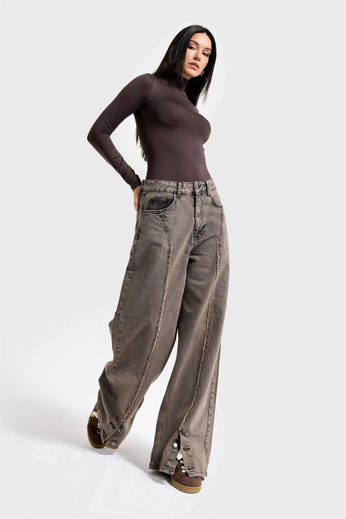 Koyu Kahve Baggy Kadın Kot Pantolon