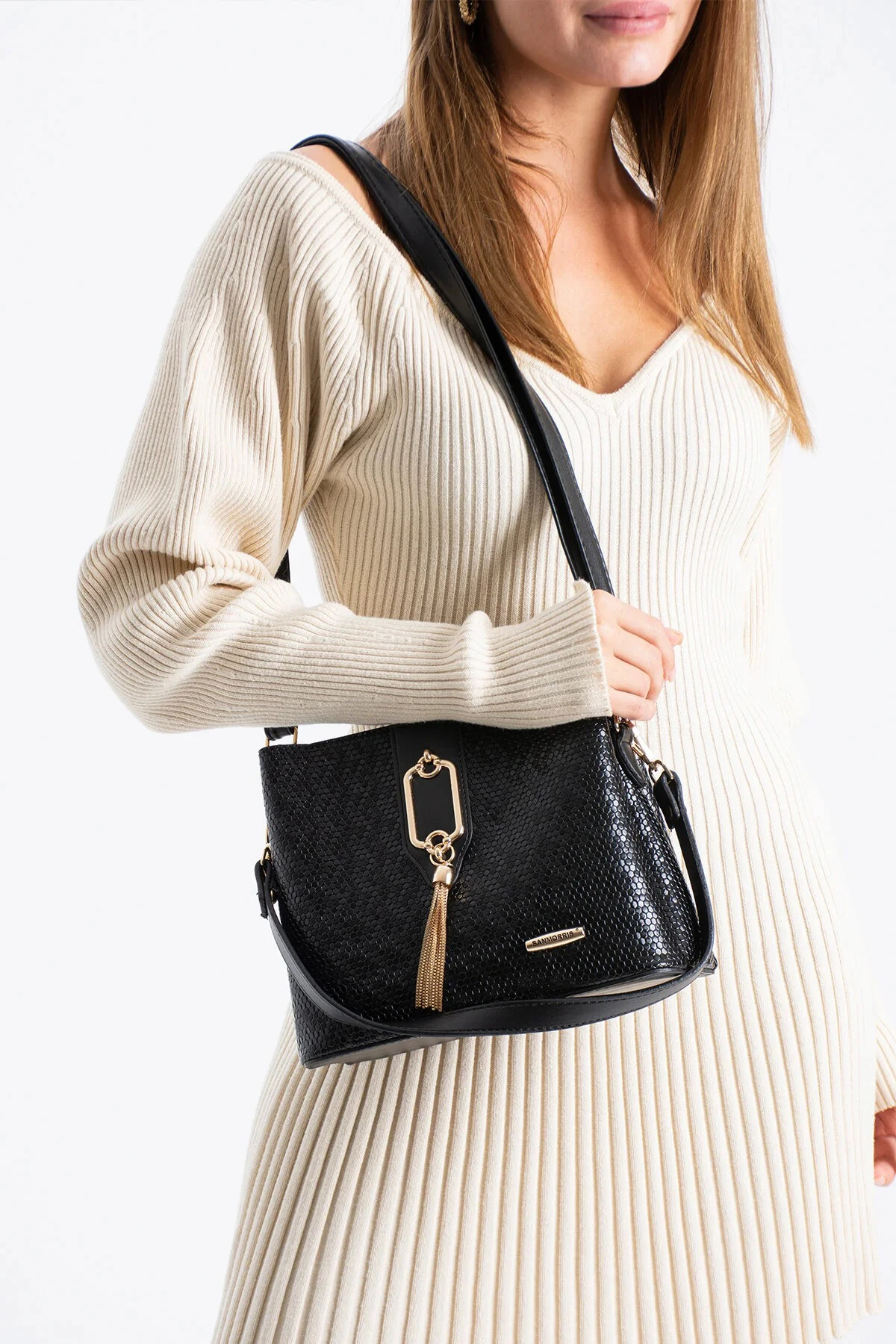 Gold Detaylı 3 Bölmeli Omuz ve Çapraz Kadın Çanta - Siyah Damla