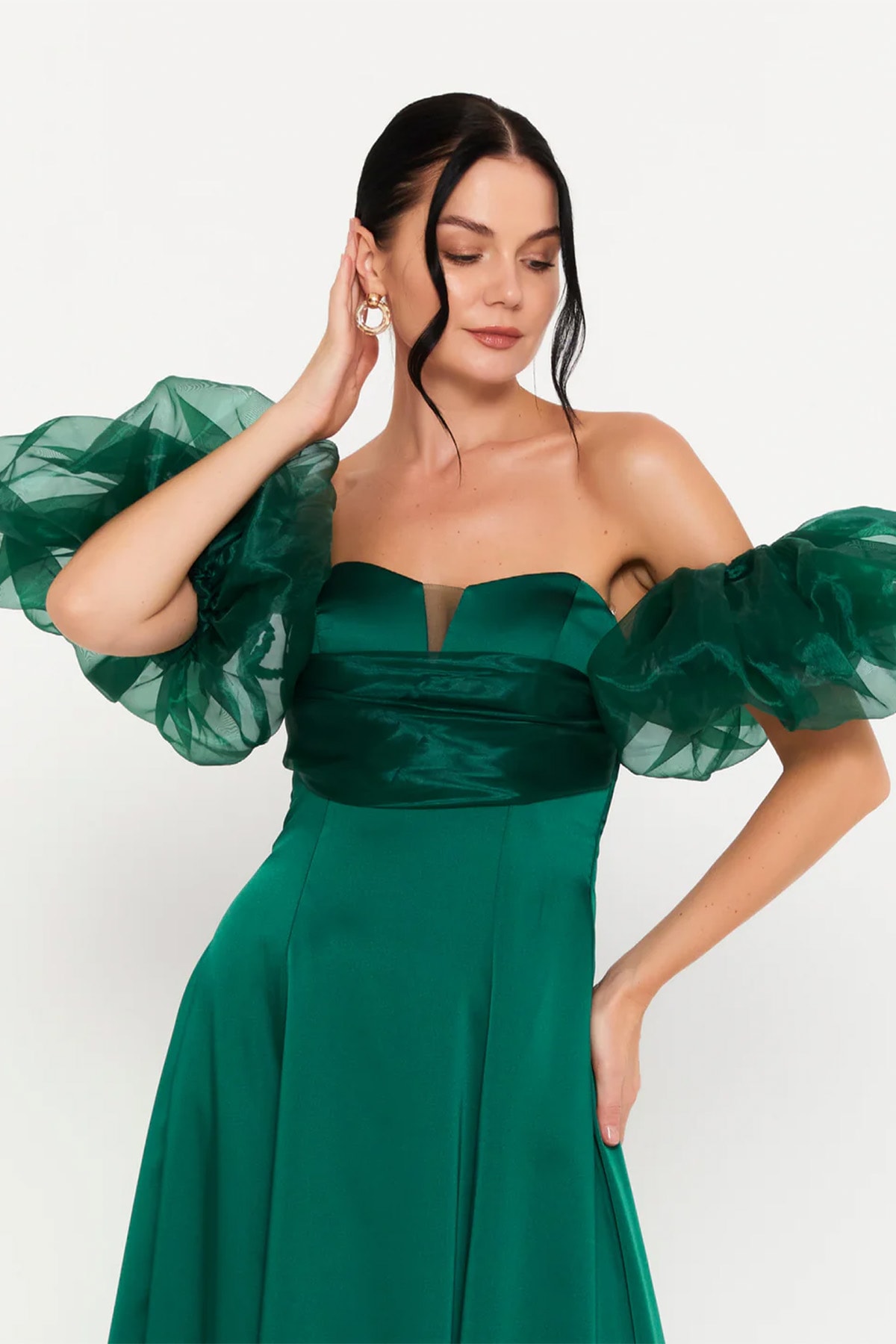 Omuz Açık Midi Polyester Sütun Balon Kol Abiye Elbise - Yeşil
