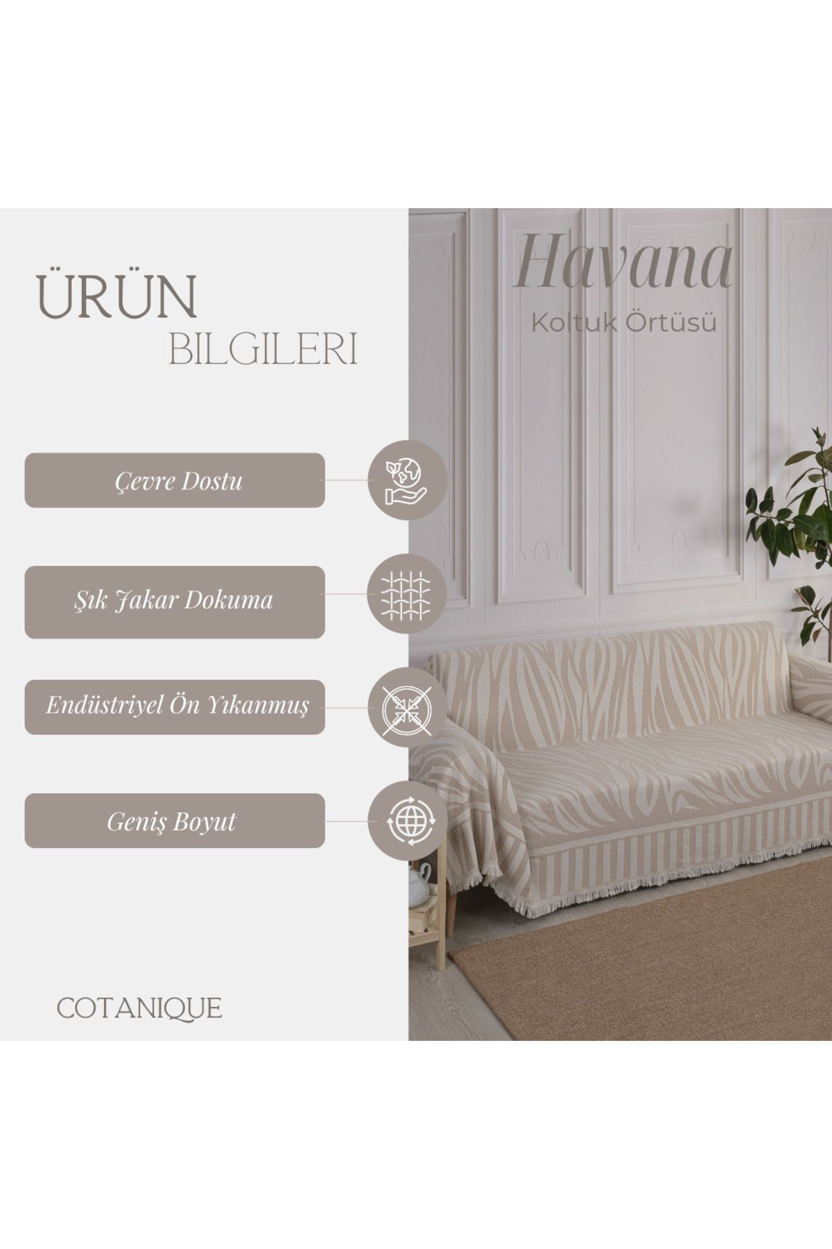 Havana Lüks Pamuklu Koltuk-çekyat Örtüsü 180x300 Çift Taraflı Terletmez Kaymaz Toplanmaz